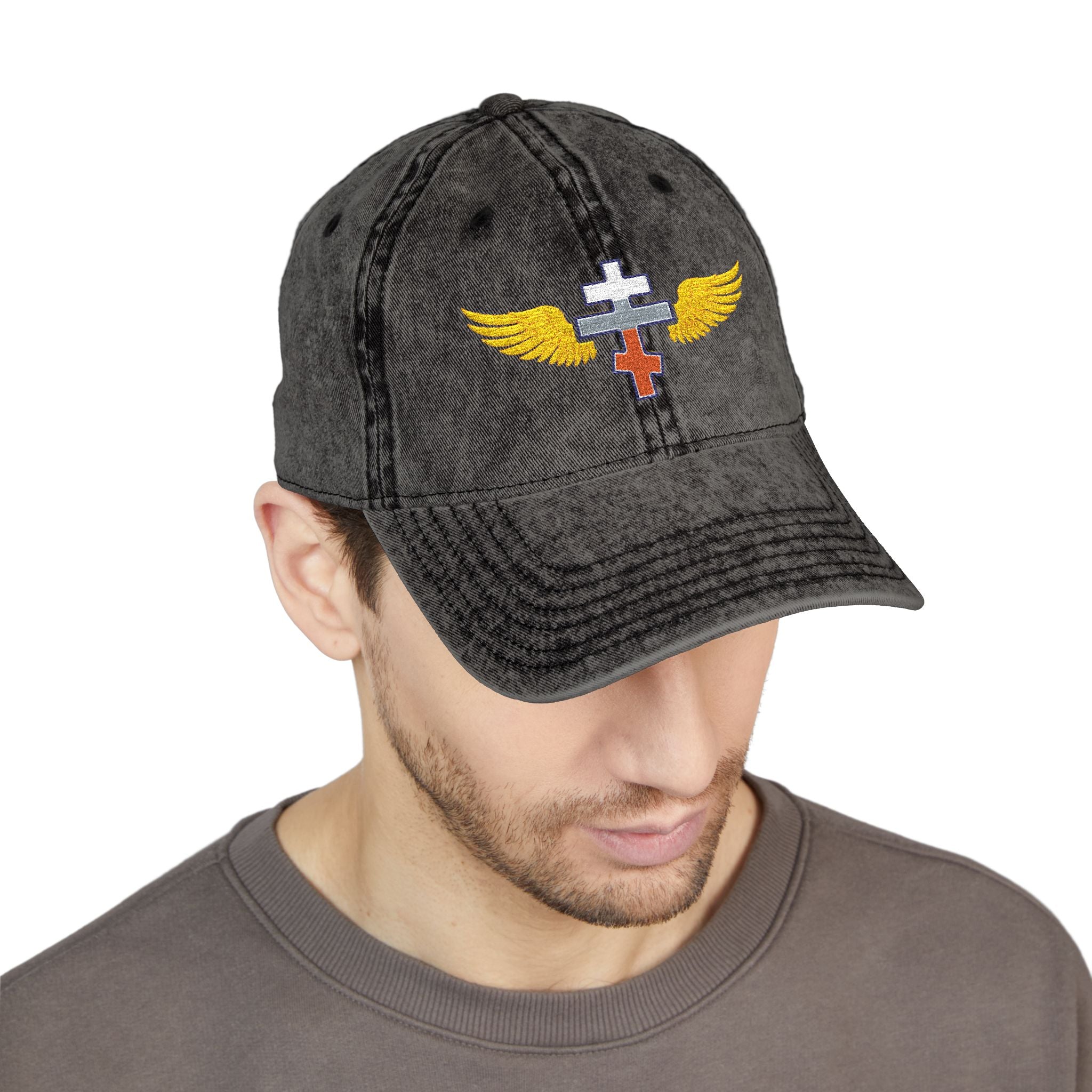 Slovak Orthodox cross with wings embroidered on vintage cotton twill cap -- additional view 7
