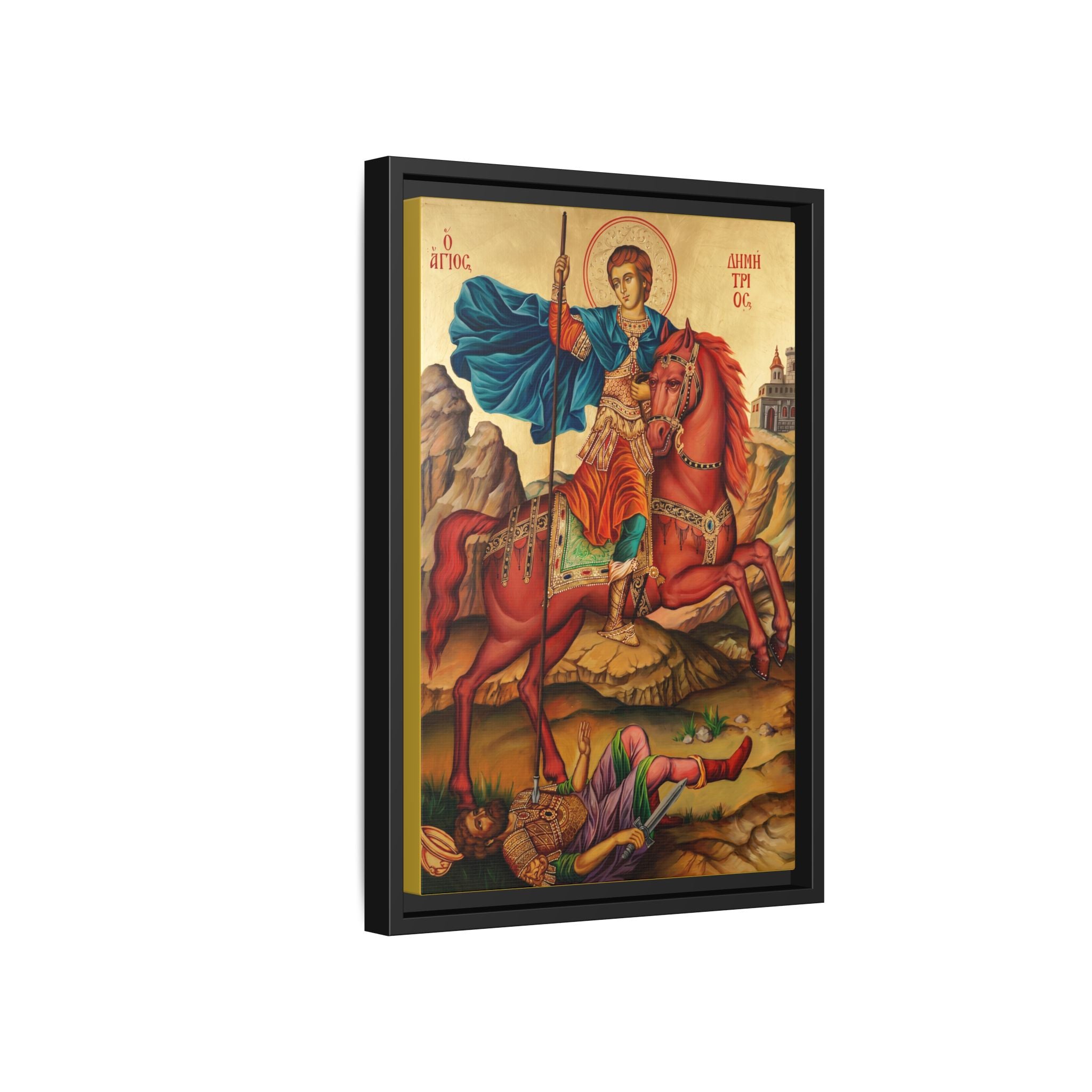 Framed canvas icon of Saint Demetrios of Thessaloniki, traditional Orthodox Christian artwork