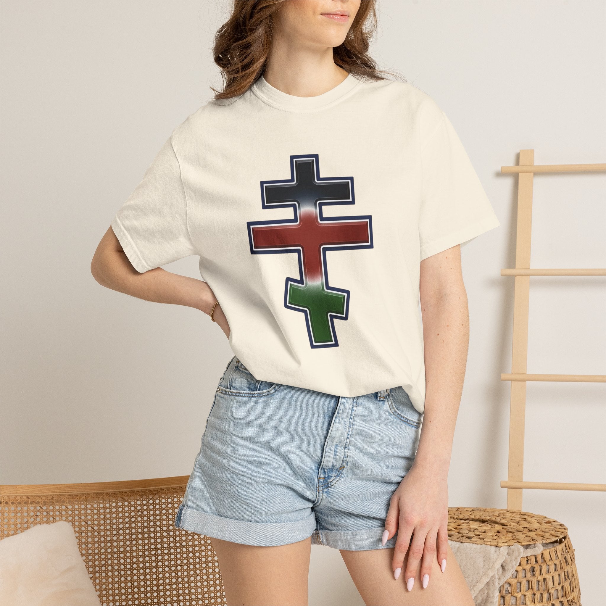 Kenyan Orthodox Cross design on a heavyweight garment-dyed t-shirt