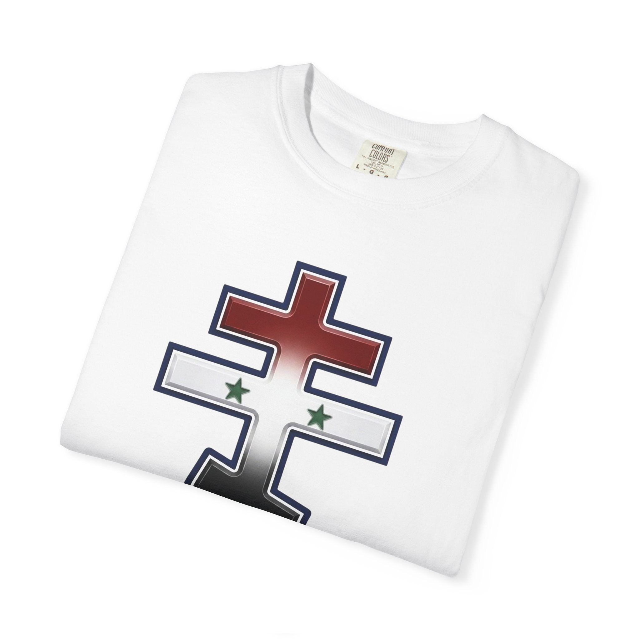 Syrian Orthodox Cross design on a heavyweight garment-dyed t-shirt