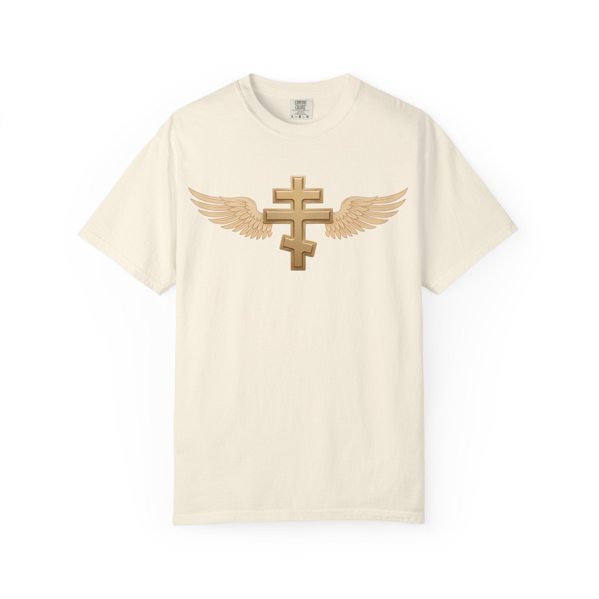 Classic gold winged classic Orthodox cross design on a heavyweight garment-dyed t-shirt