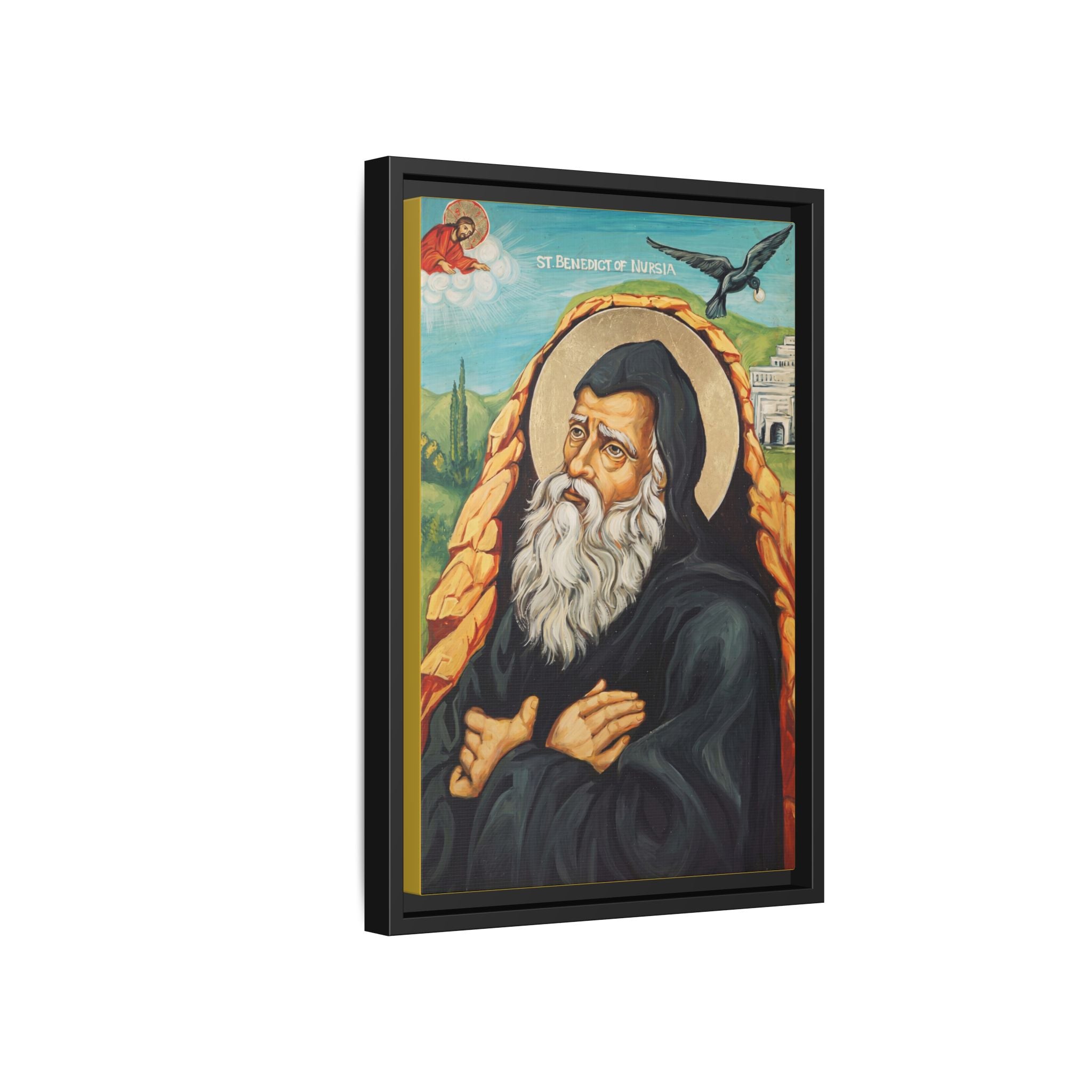 Framed canvas icon of Saint Benedict of Nursia, traditional Orthodox Christian artwork