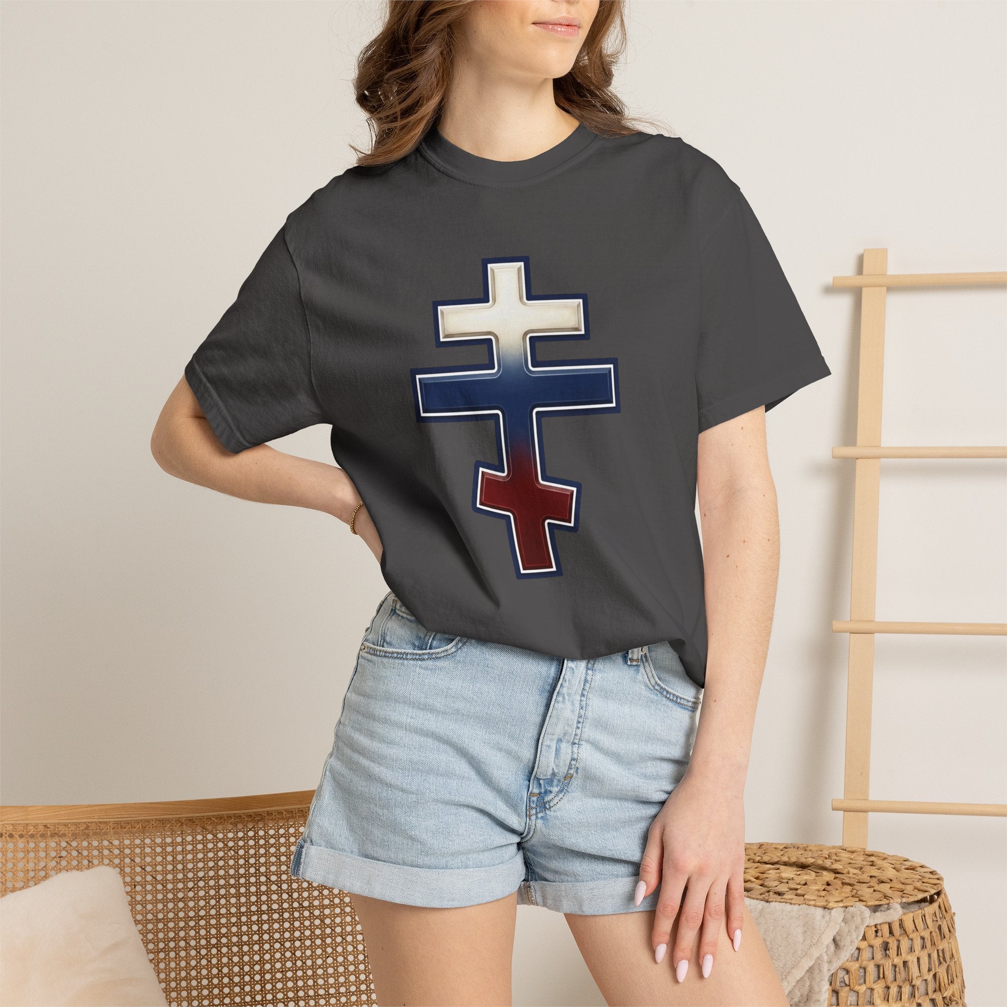 Russian Orthodox Cross design on a heavyweight garment-dyed t-shirt