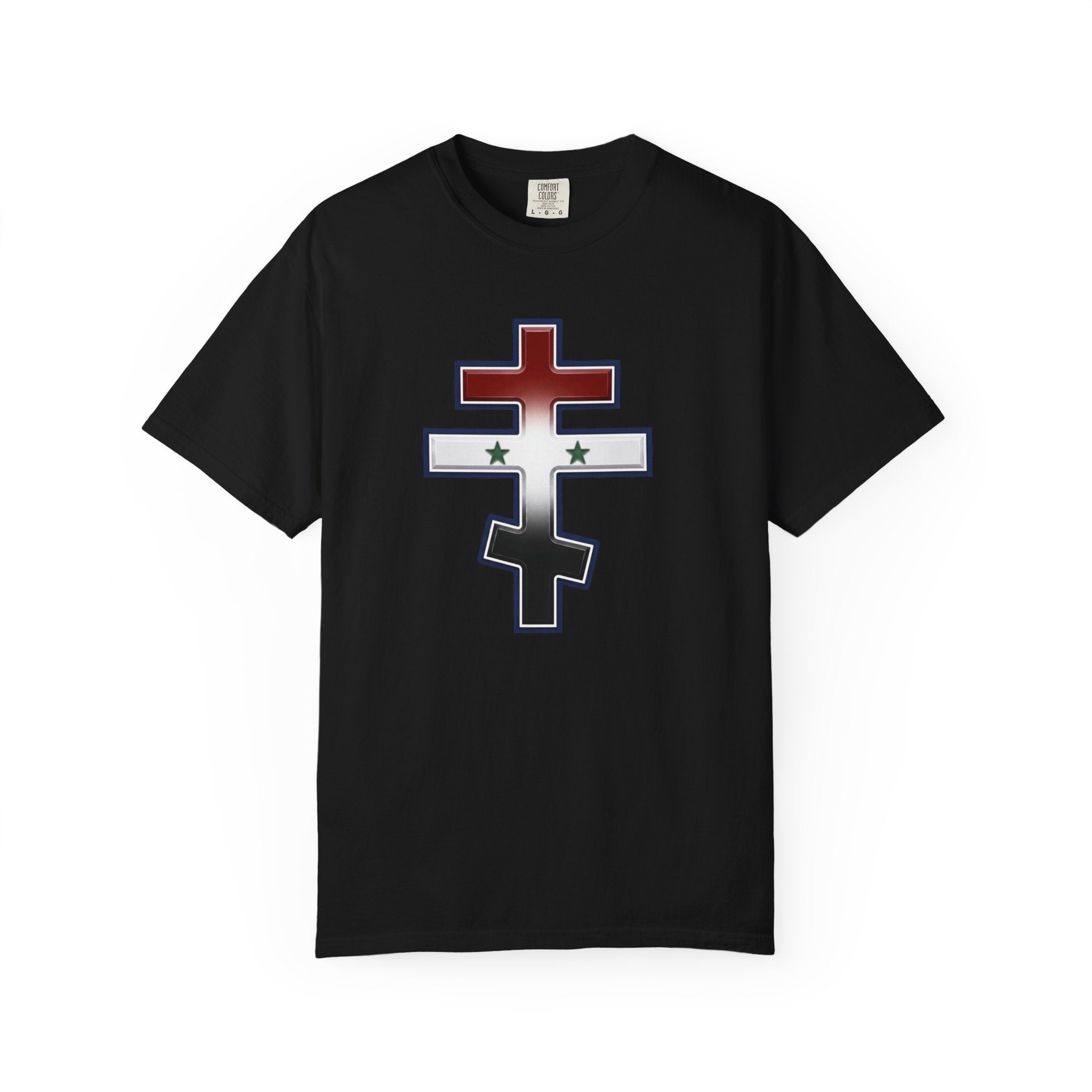 Syrian Orthodox Cross design on a heavyweight garment-dyed t-shirt