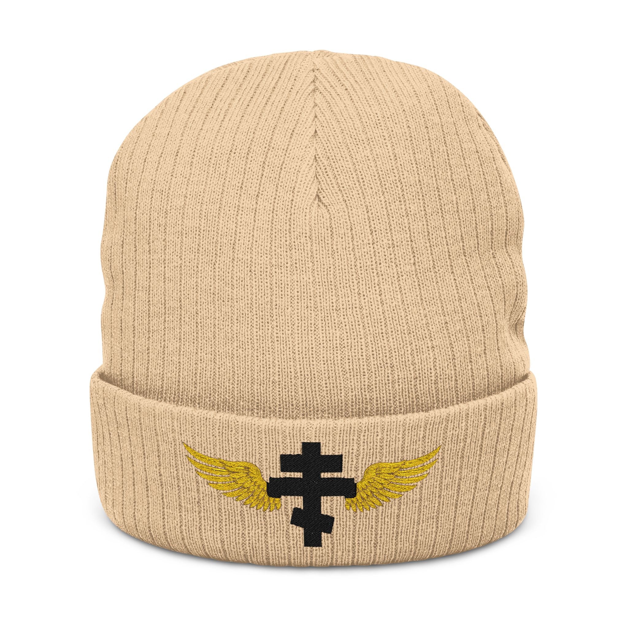 Black Orthodox cross with wings embroidered on ribbed knit beanie