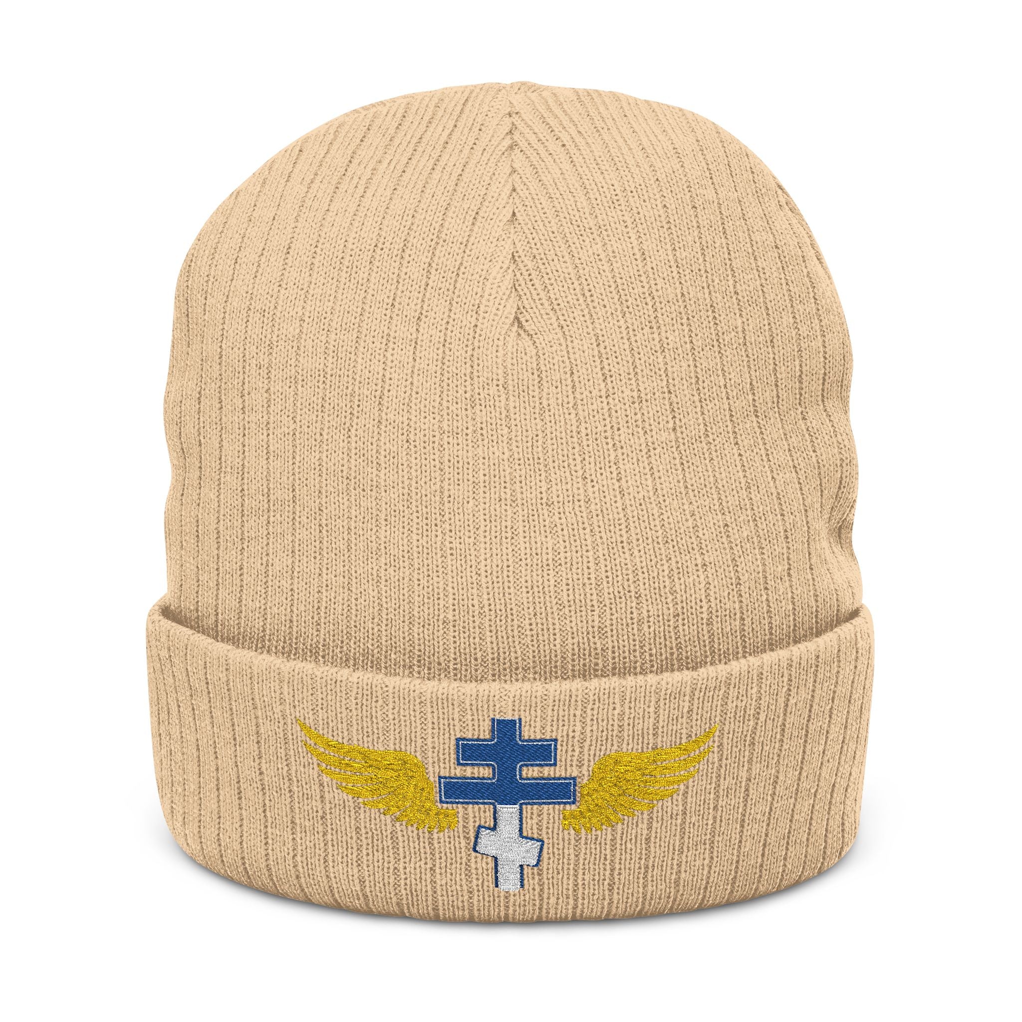 Greek Orthodox cross with wings embroidered on ribbed knit beanie -- additional view 2