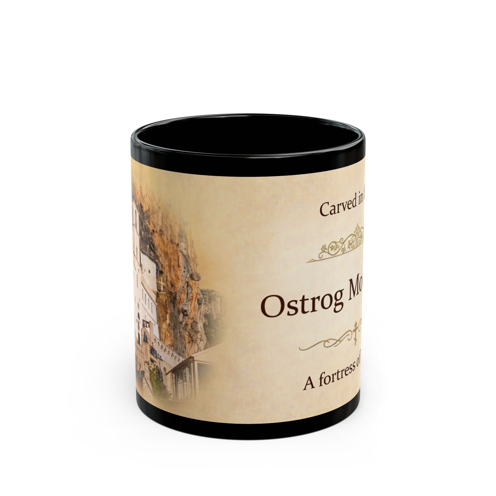 Ostrog Monastery Orthodox Christian Black Coffee Mug — Orthodox Christian Mug