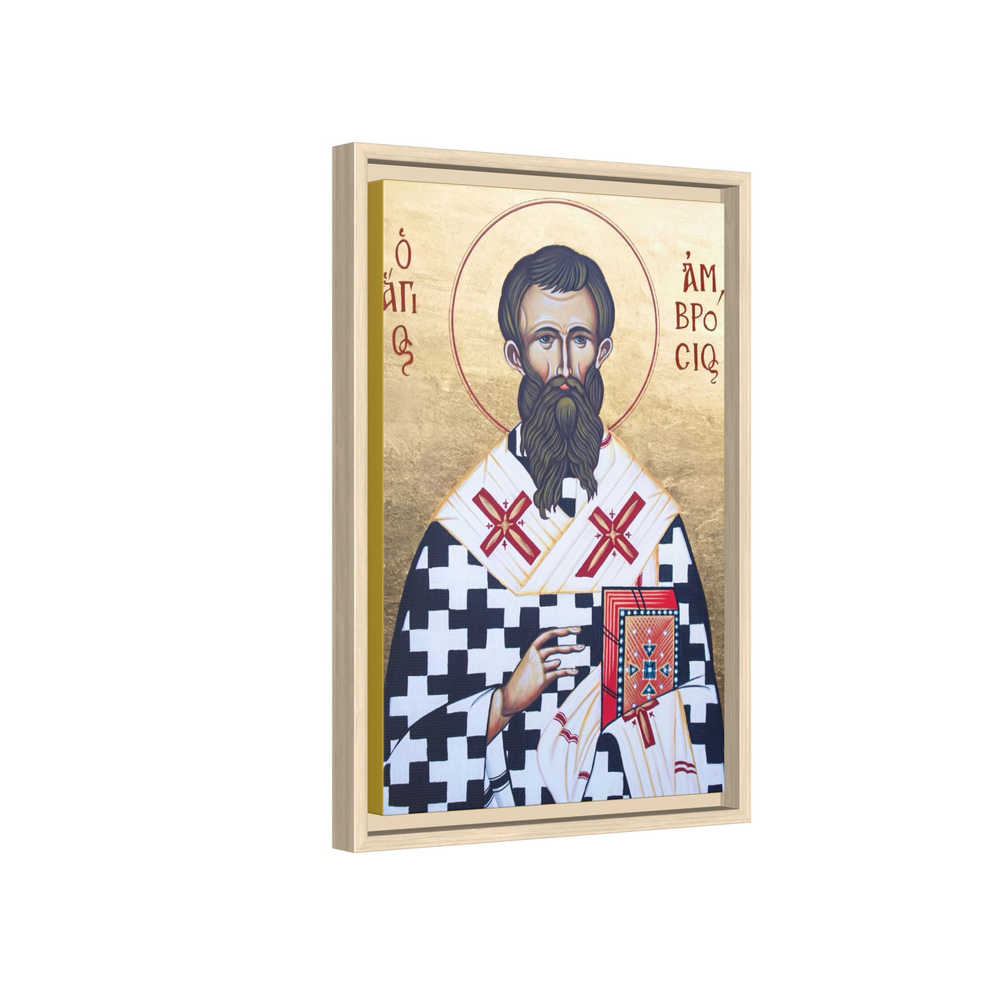 Framed canvas icon of Saint Ambrose of Milan, traditional Orthodox Christian artwork