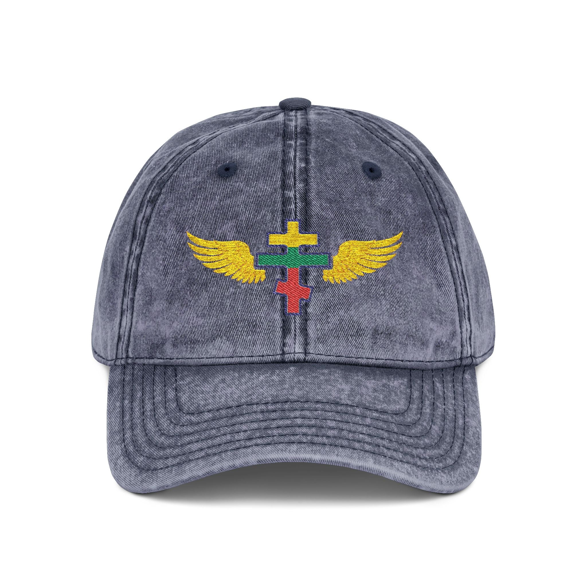 Lithuanian Orthodox cross with wings embroidered on vintage cotton twill cap -- additional view 3