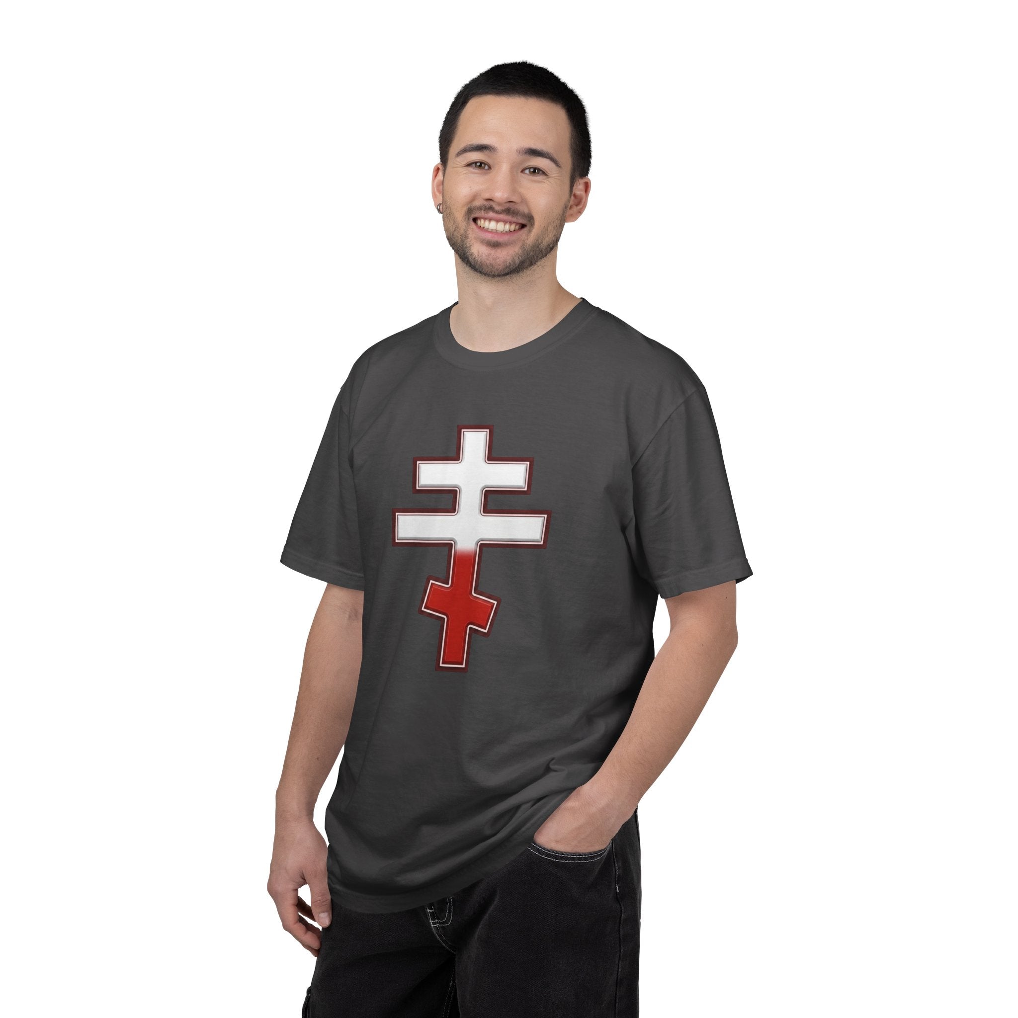 Polish Orthodox Cross design on a heavyweight garment-dyed t-shirt