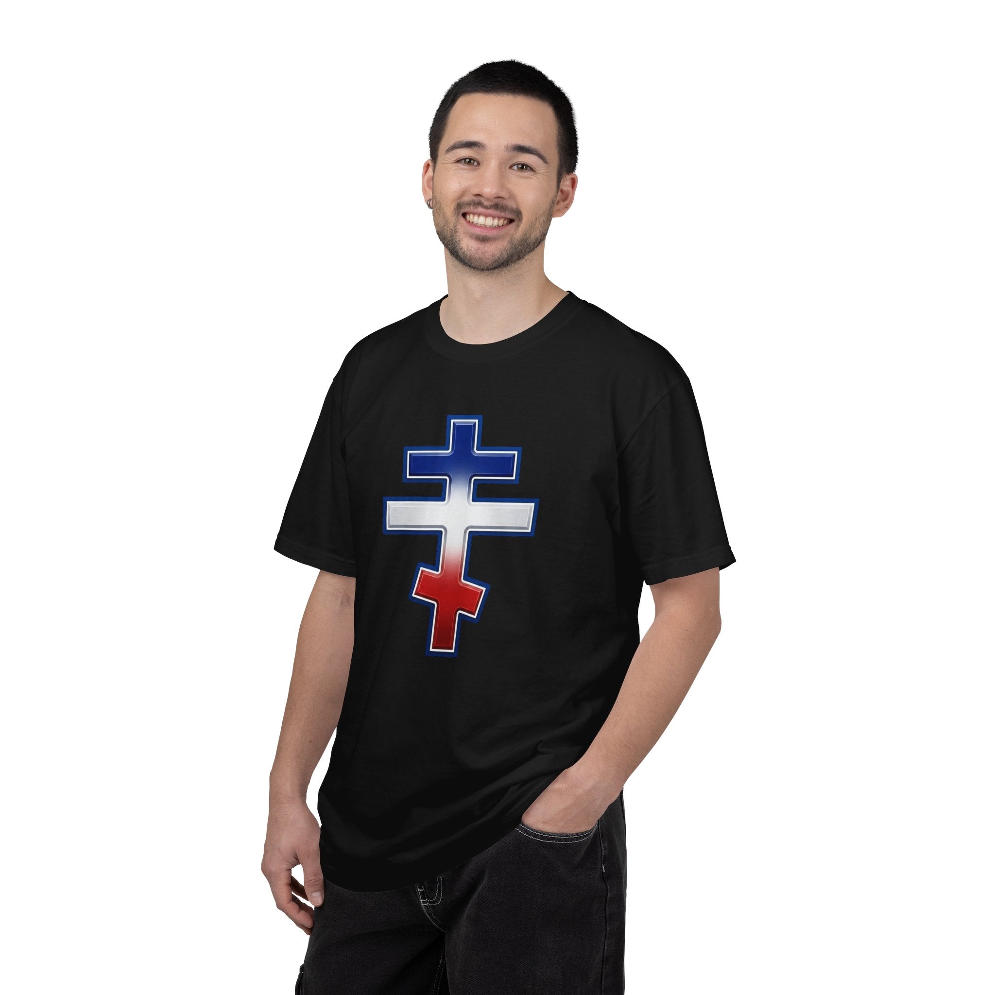 French Orthodox Cross design on a heavyweight garment-dyed t-shirt