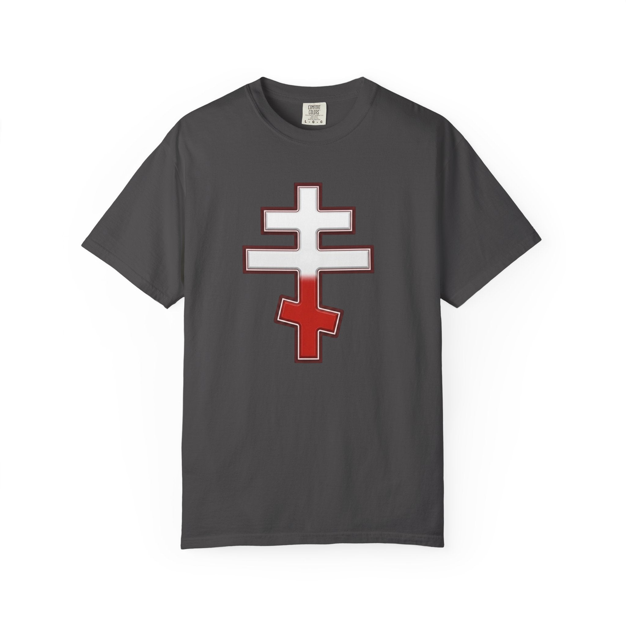 Polish Orthodox Cross design on a heavyweight garment-dyed t-shirt