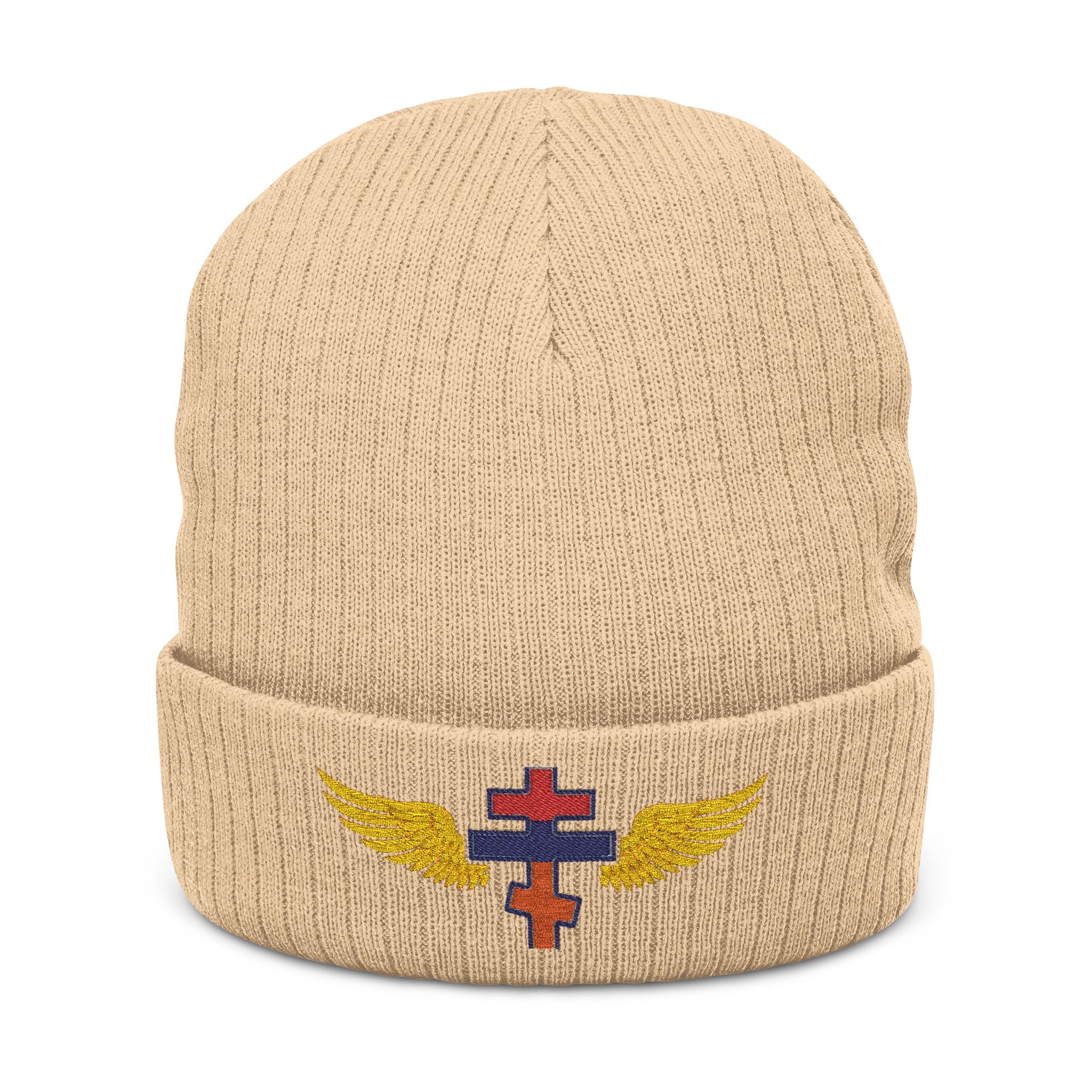 Armenian Orthodox cross with wings embroidered on ribbed knit beanie -- additional view 2