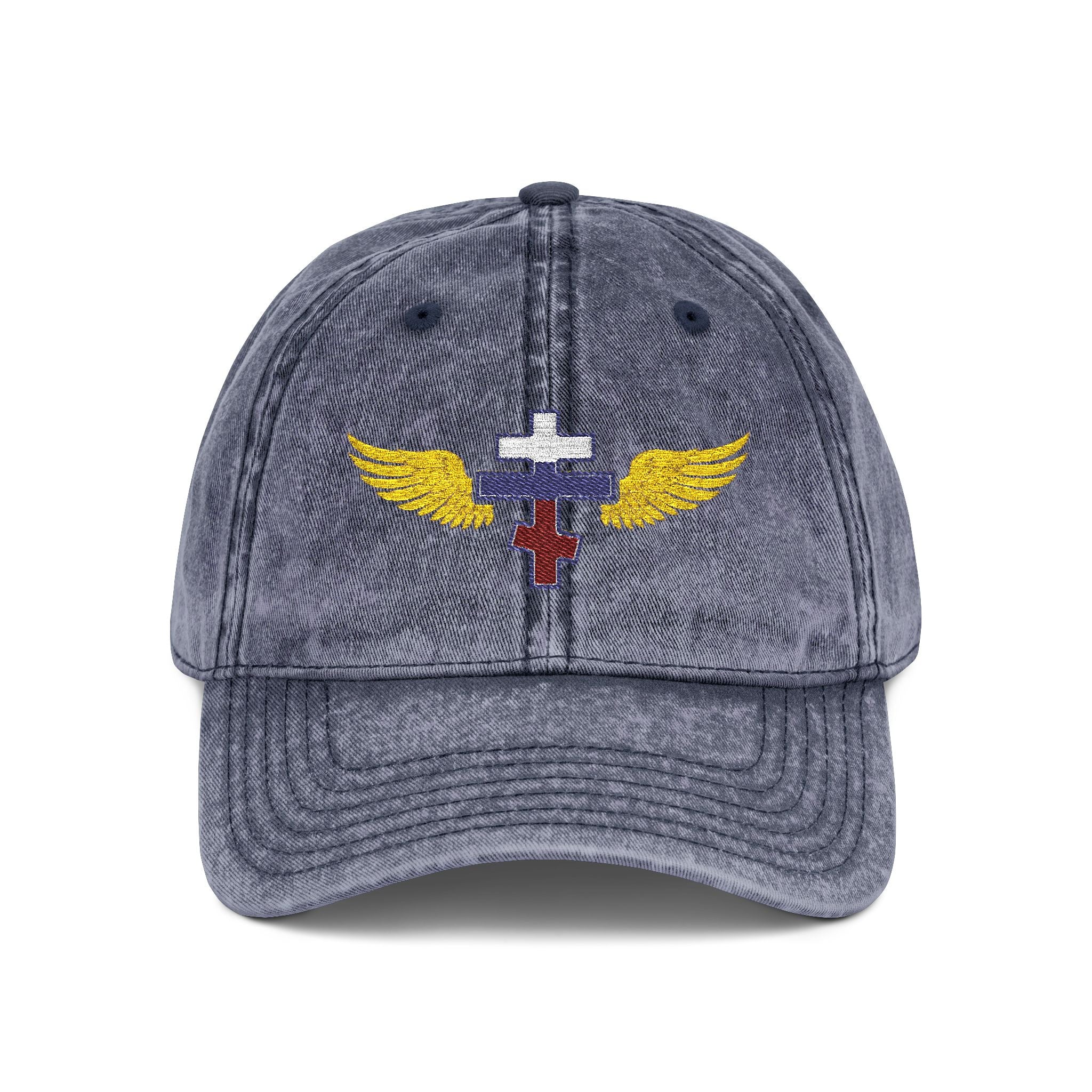 Russian Orthodox cross with wings embroidered on vintage cotton twill cap -- additional view 3