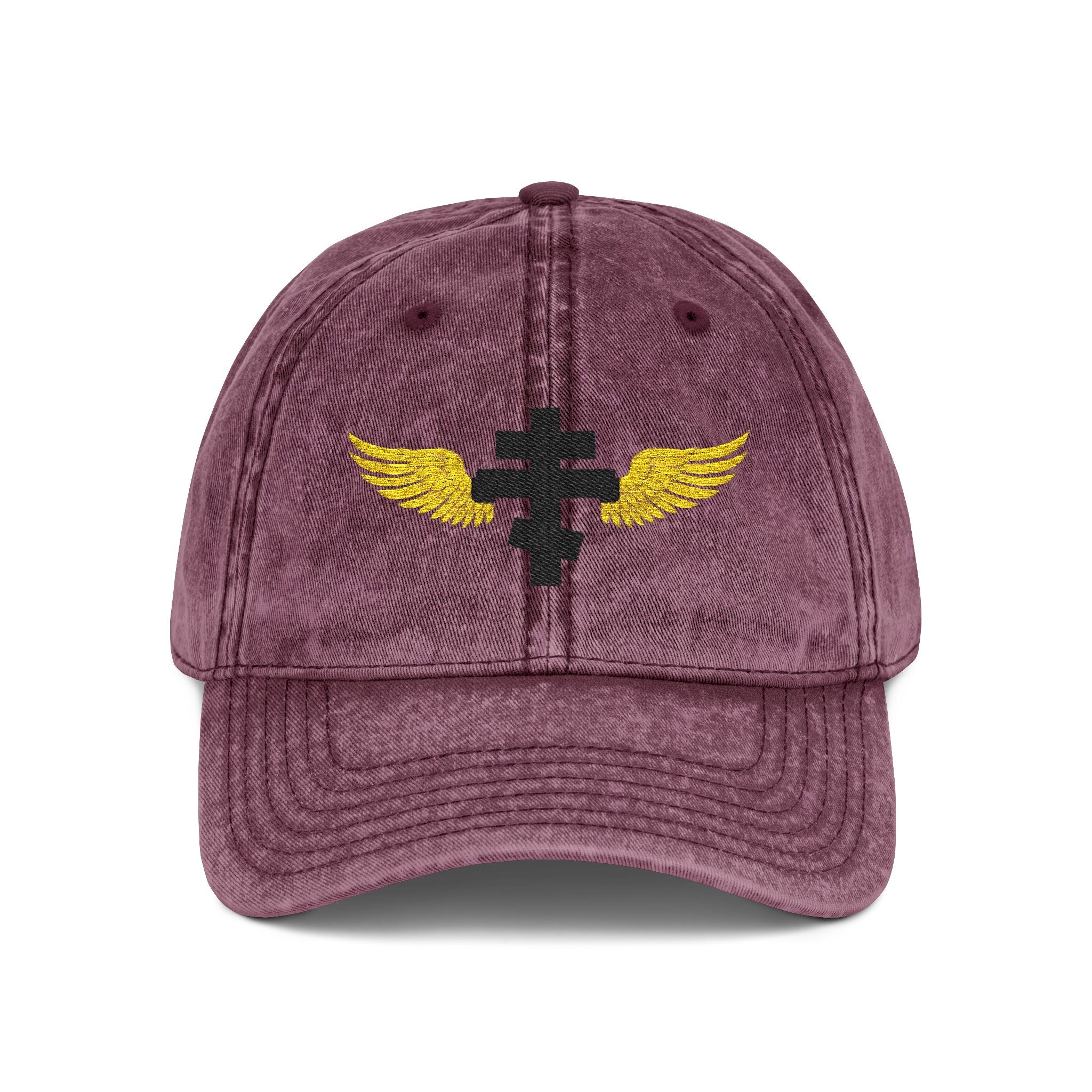 Black Orthodox cross with wings embroidered on vintage cotton twill cap -- additional view 4