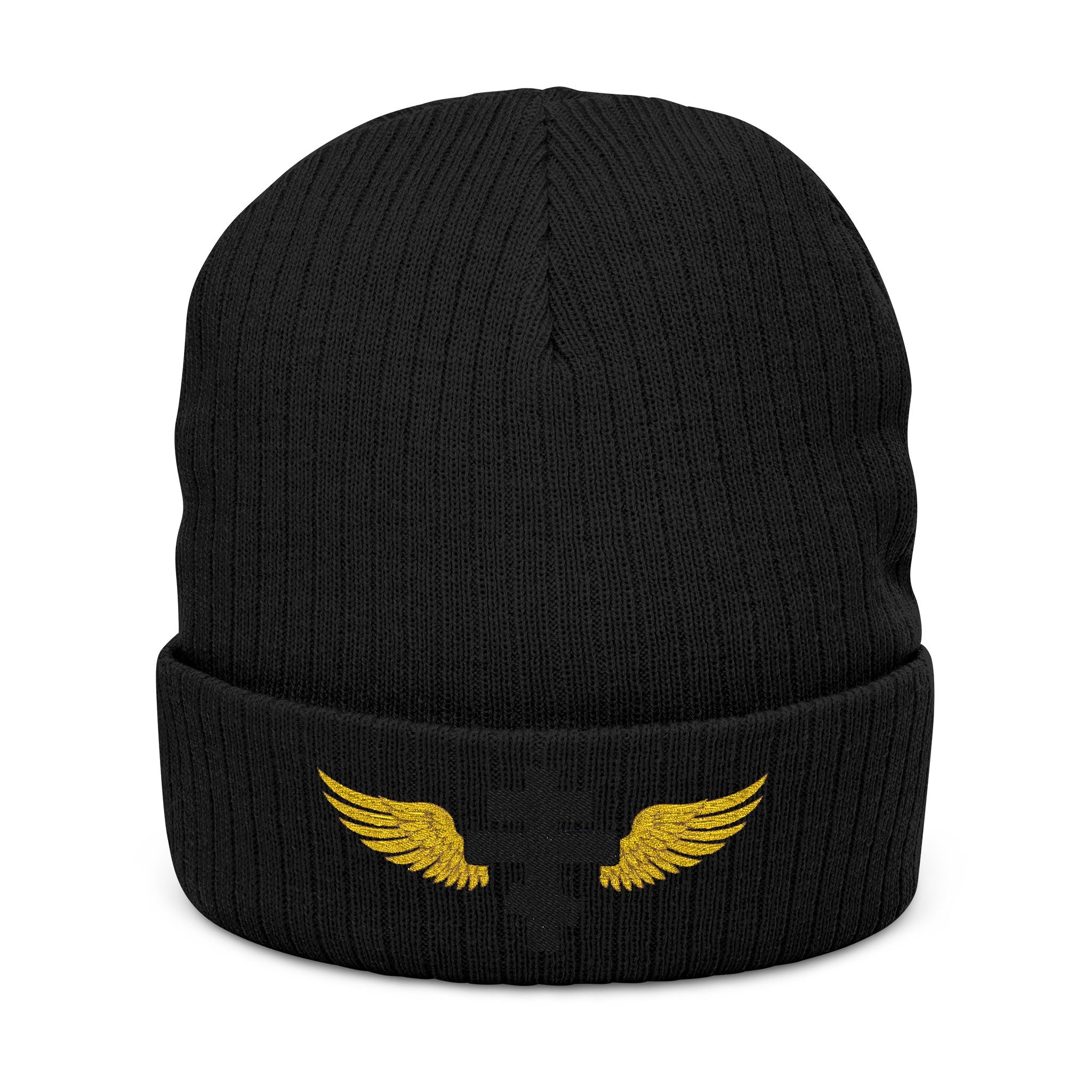 Black Orthodox cross with wings embroidered on ribbed knit beanie -- additional view 2