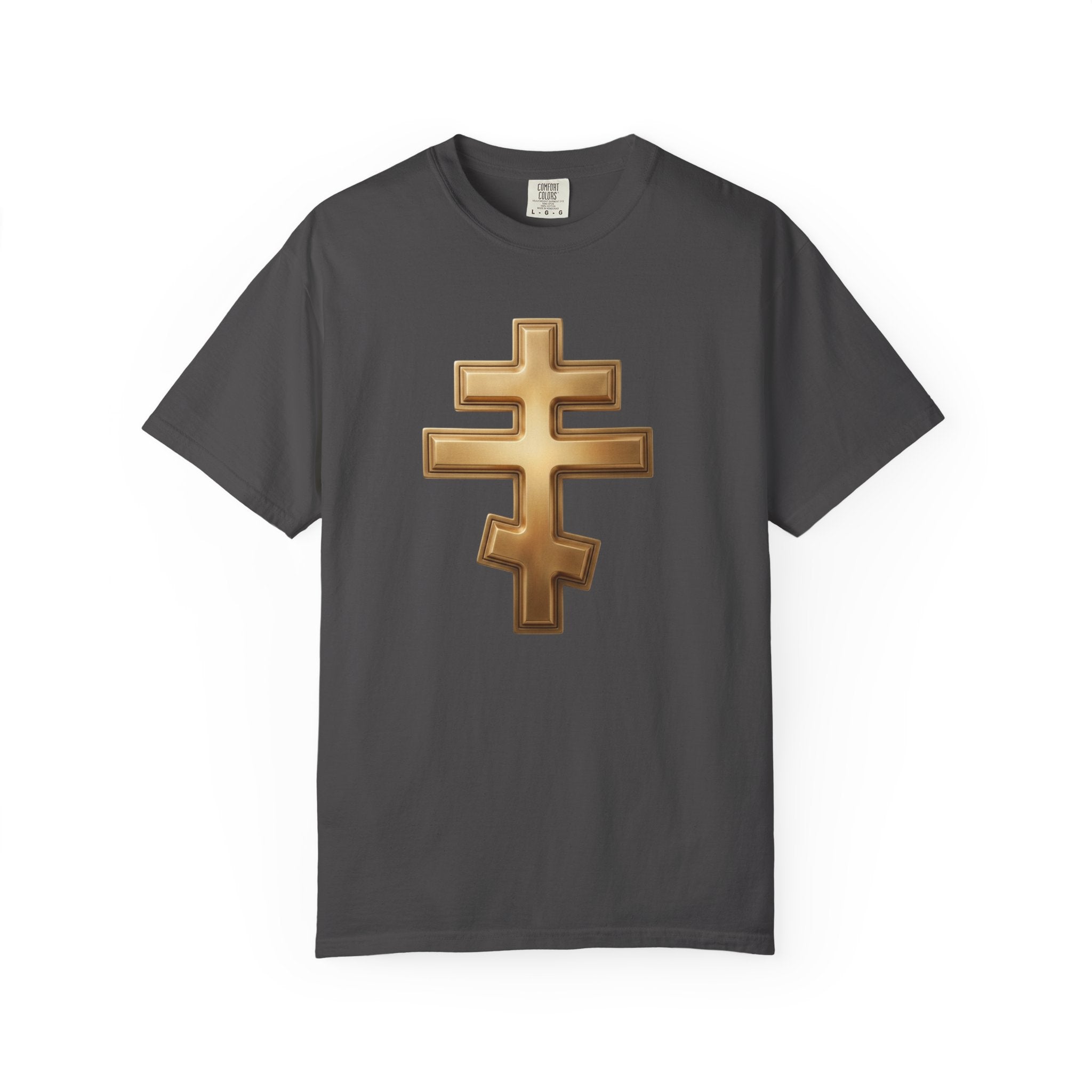 Classic gold classic Orthodox cross design on a heavyweight garment-dyed t-shirt
