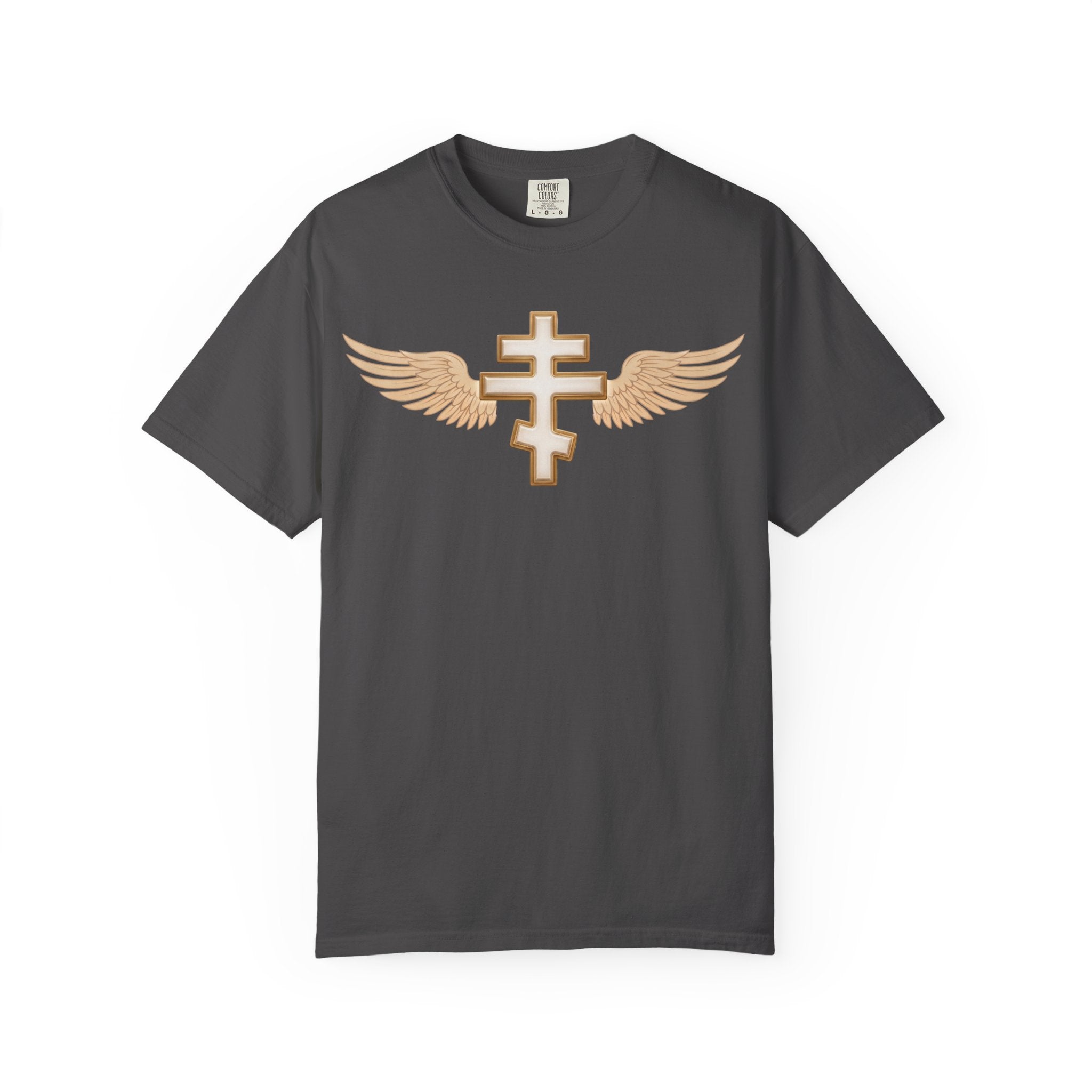 Classic white winged classic Orthodox cross design on a heavyweight garment-dyed t-shirt