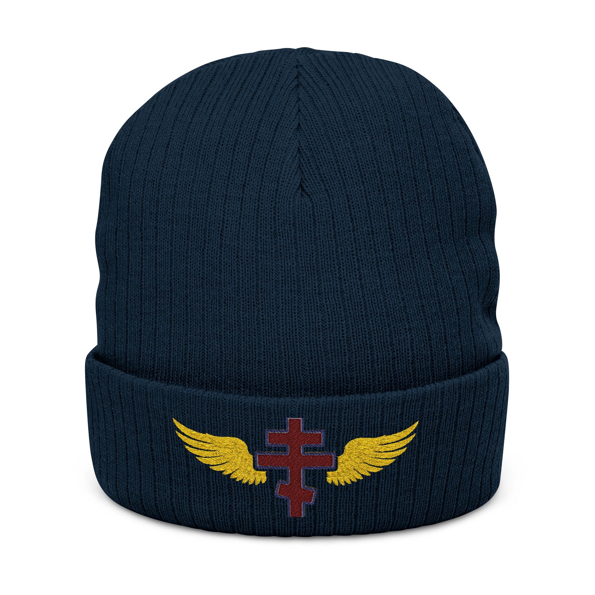 Macedonian Orthodox cross with wings embroidered on ribbed knit beanie -- additional view 3