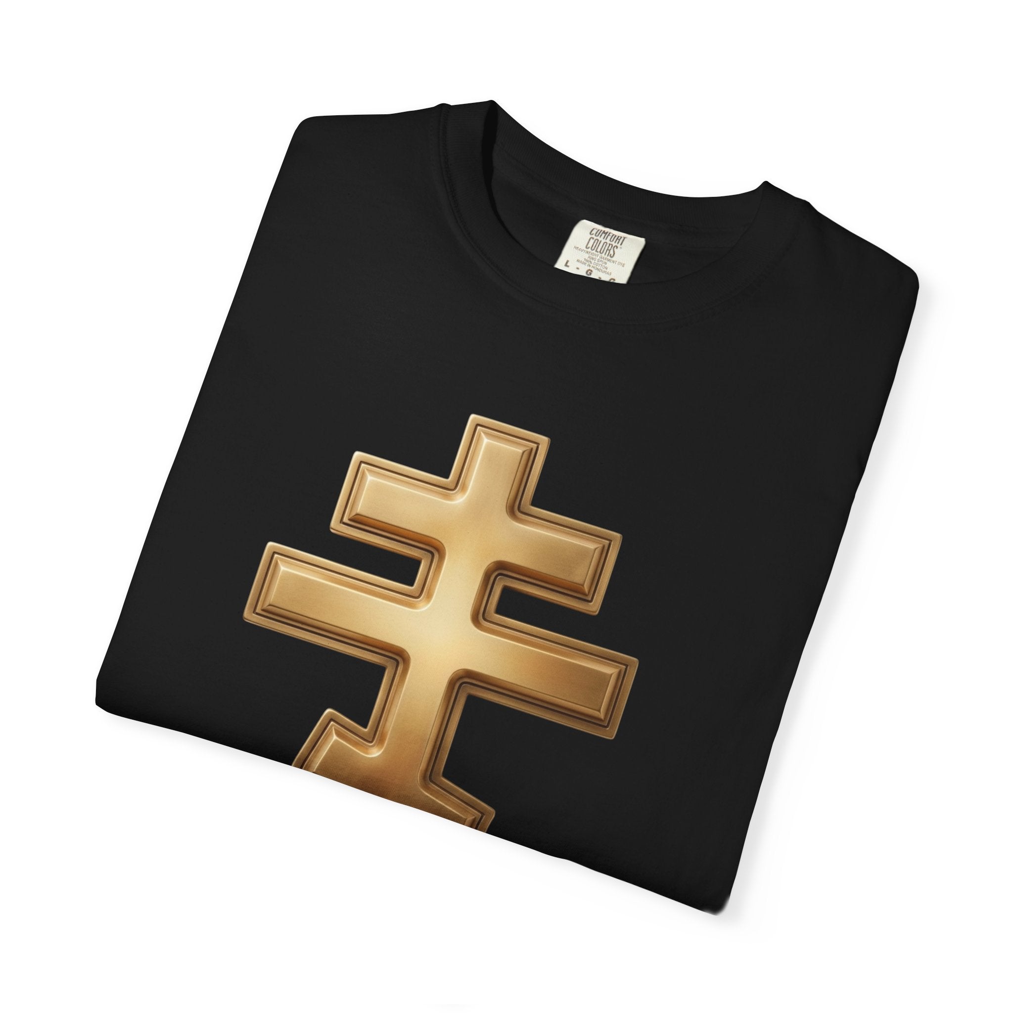 Classic gold classic Orthodox cross design on a heavyweight garment-dyed t-shirt