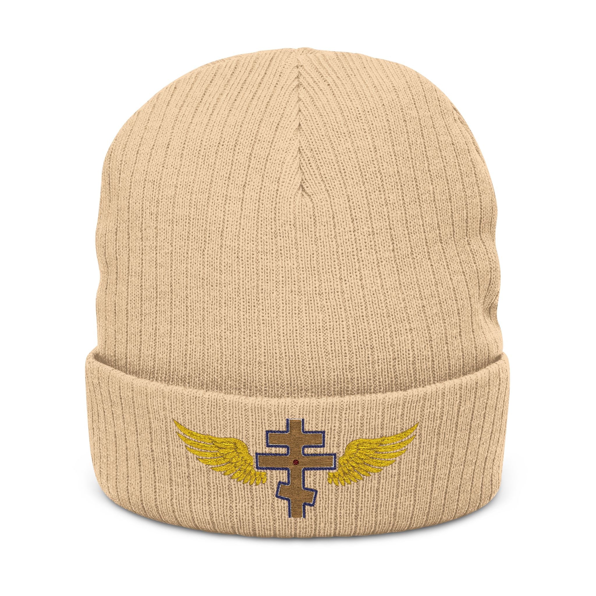 Jerusalem Orthodox cross with wings embroidered on ribbed knit beanie -- additional view 2