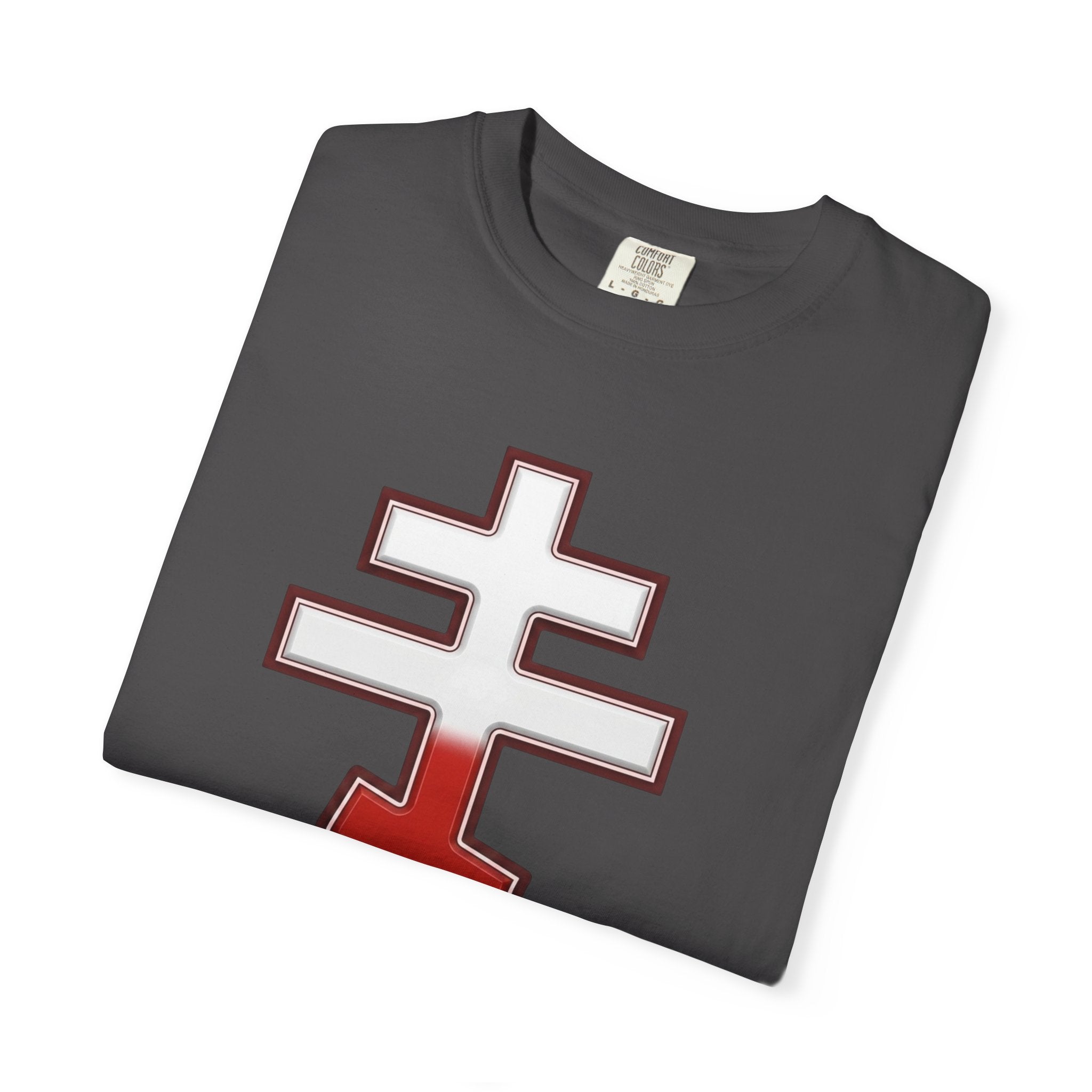Polish Orthodox Cross design on a heavyweight garment-dyed t-shirt