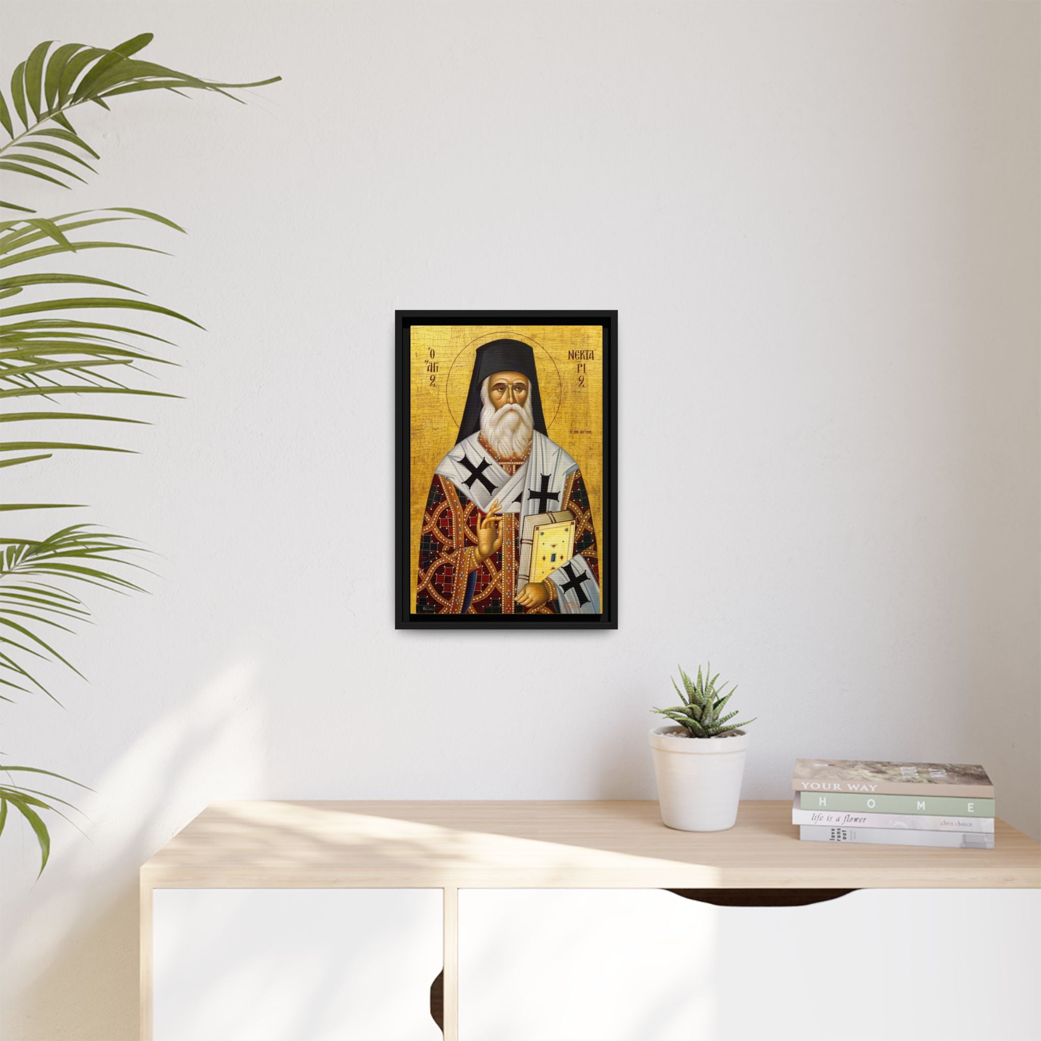Framed canvas icon of Saint Nektarios of Aegina, traditional Orthodox Christian artwork