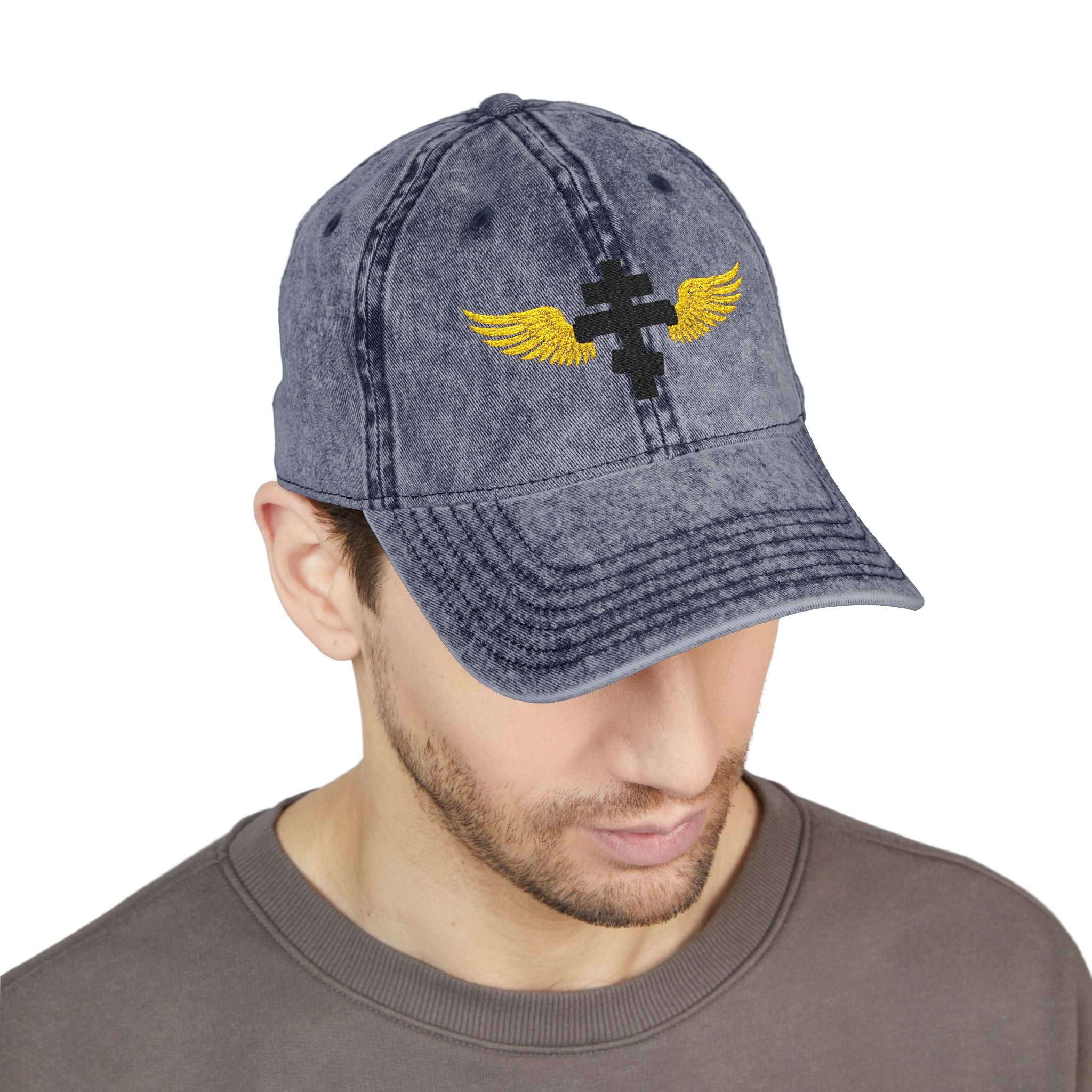 Black Orthodox cross with wings embroidered on vintage cotton twill cap -- additional view 13