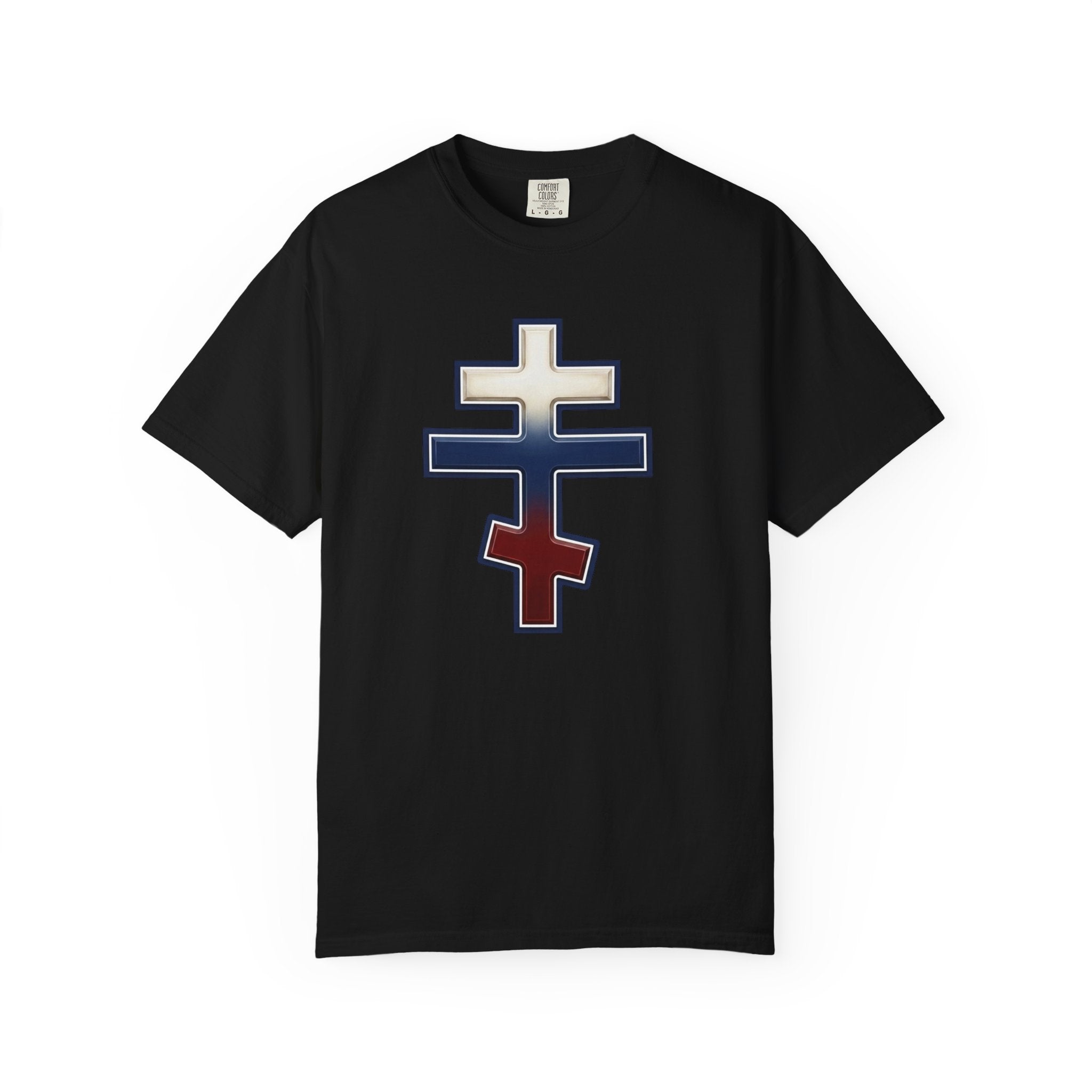 Russian Orthodox Cross design on a heavyweight garment-dyed t-shirt
