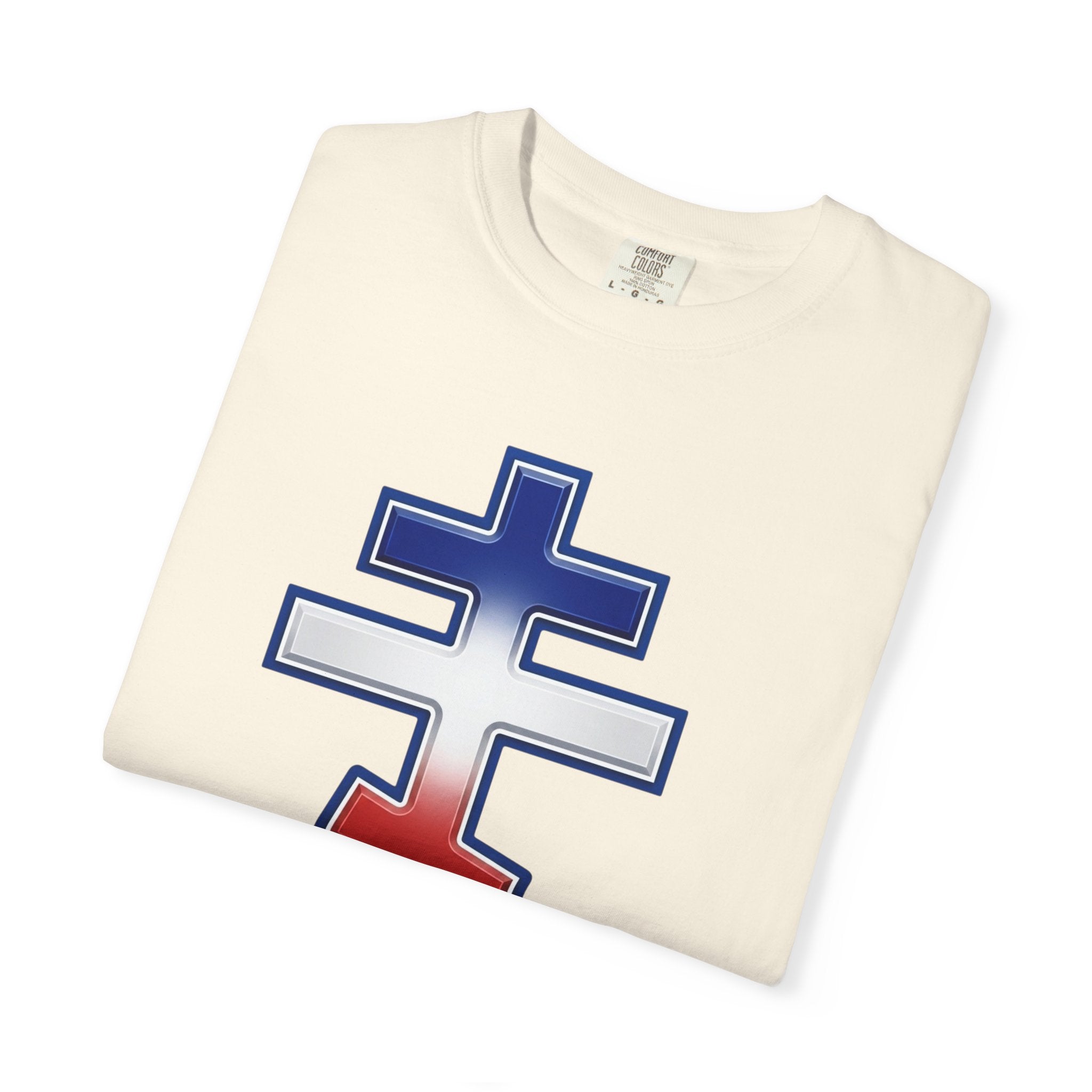 French Orthodox Cross design on a heavyweight garment-dyed t-shirt