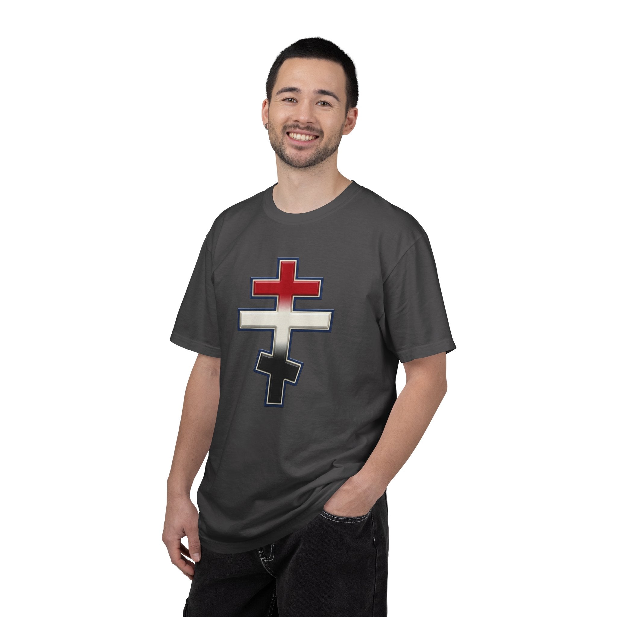 Egyptian Orthodox Cross design on a heavyweight garment-dyed t-shirt