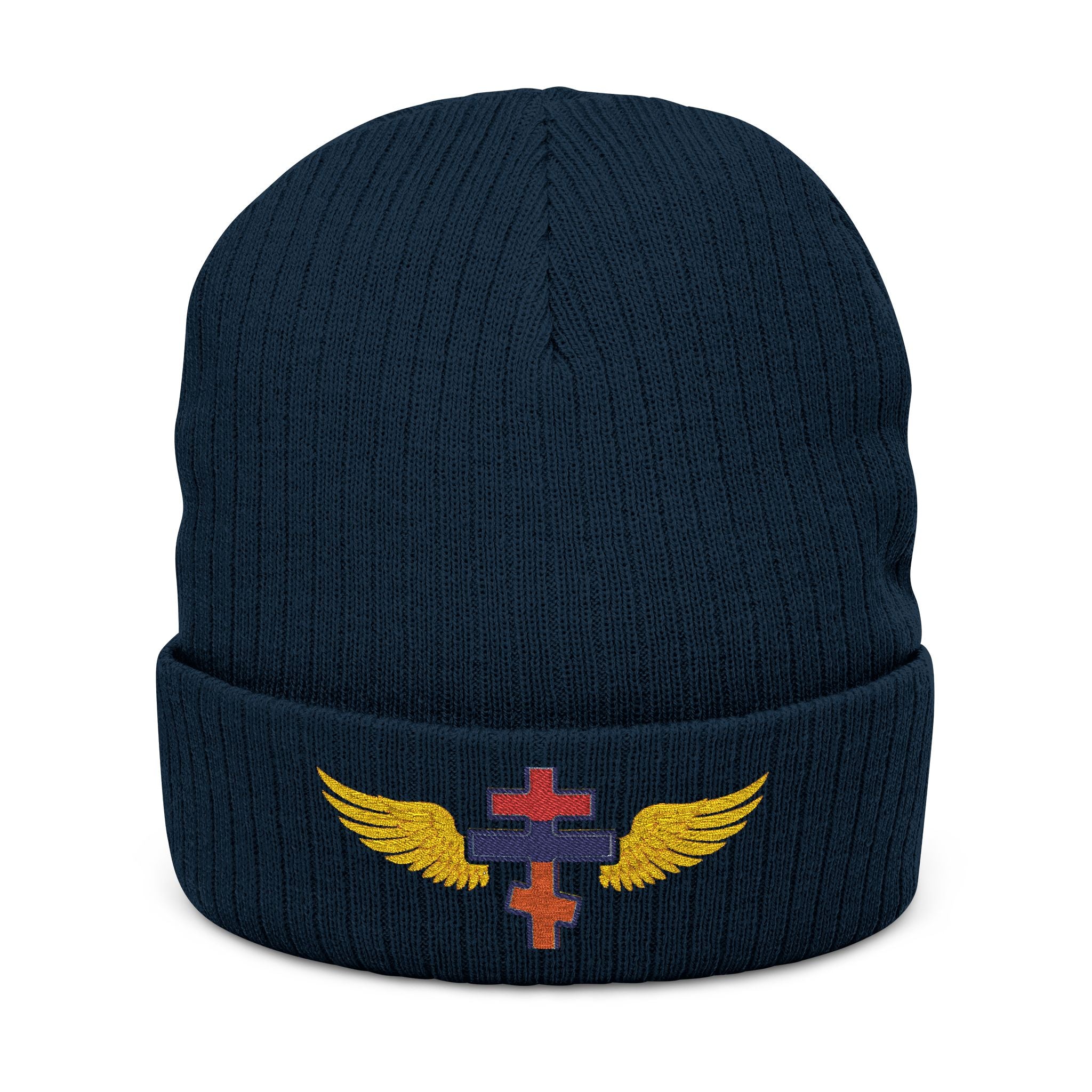 Armenian Orthodox cross with wings embroidered on ribbed knit beanie -- additional view 3