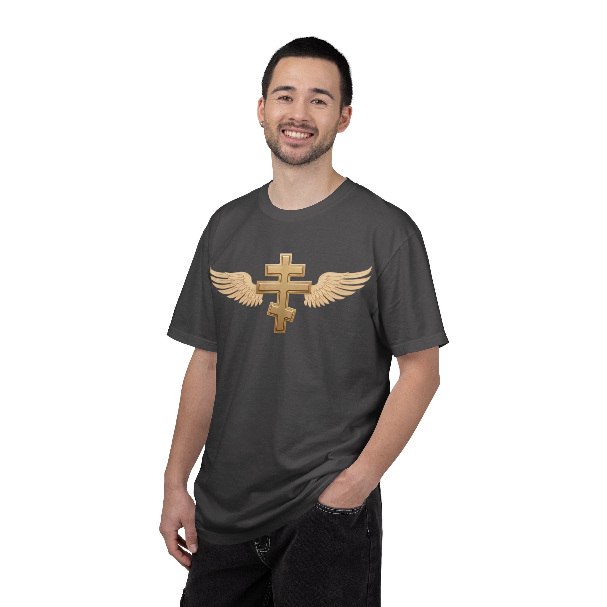 Classic gold winged classic Orthodox cross design on a heavyweight garment-dyed t-shirt