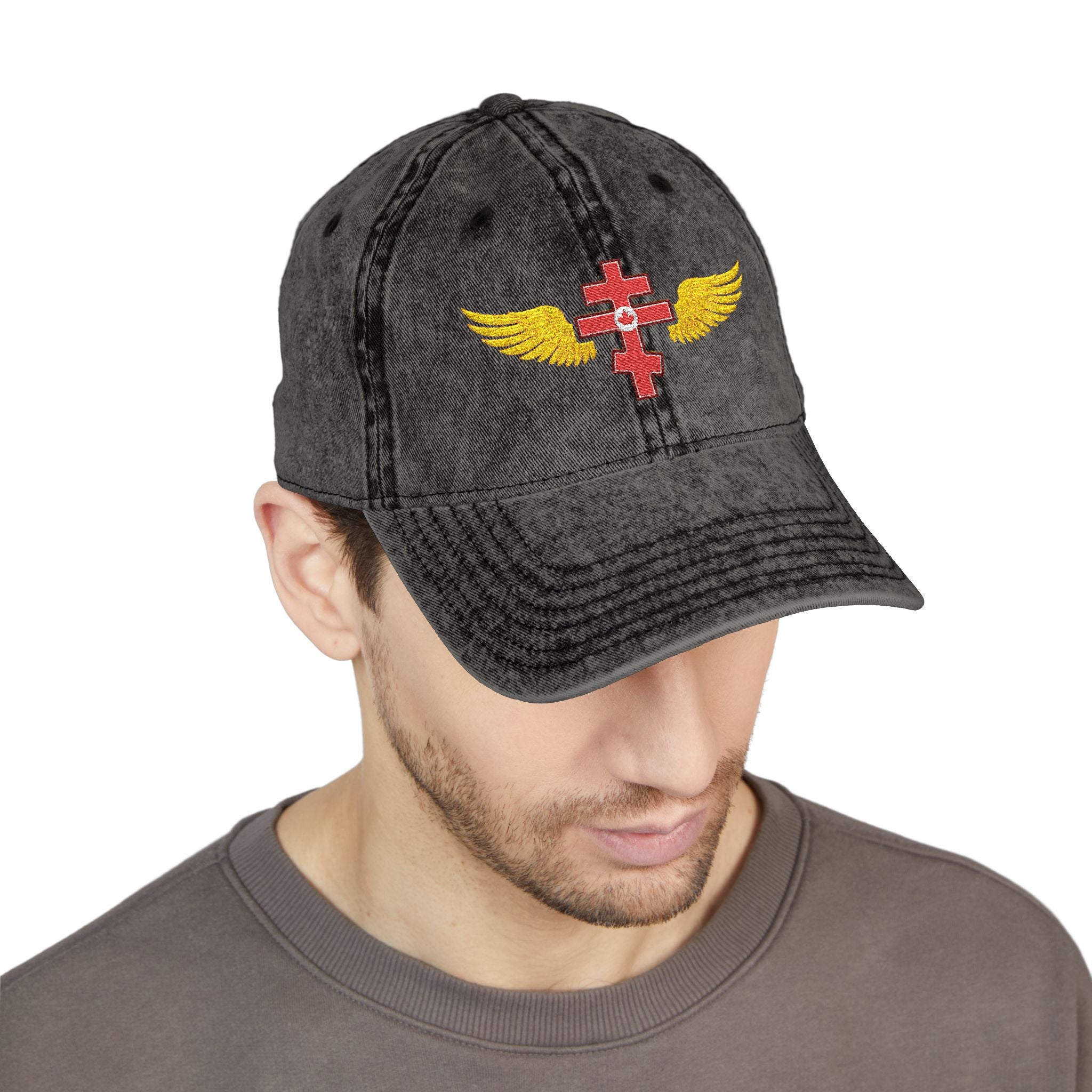 Canadian Orthodox cross with wings embroidered on vintage cotton twill cap -- additional view 7