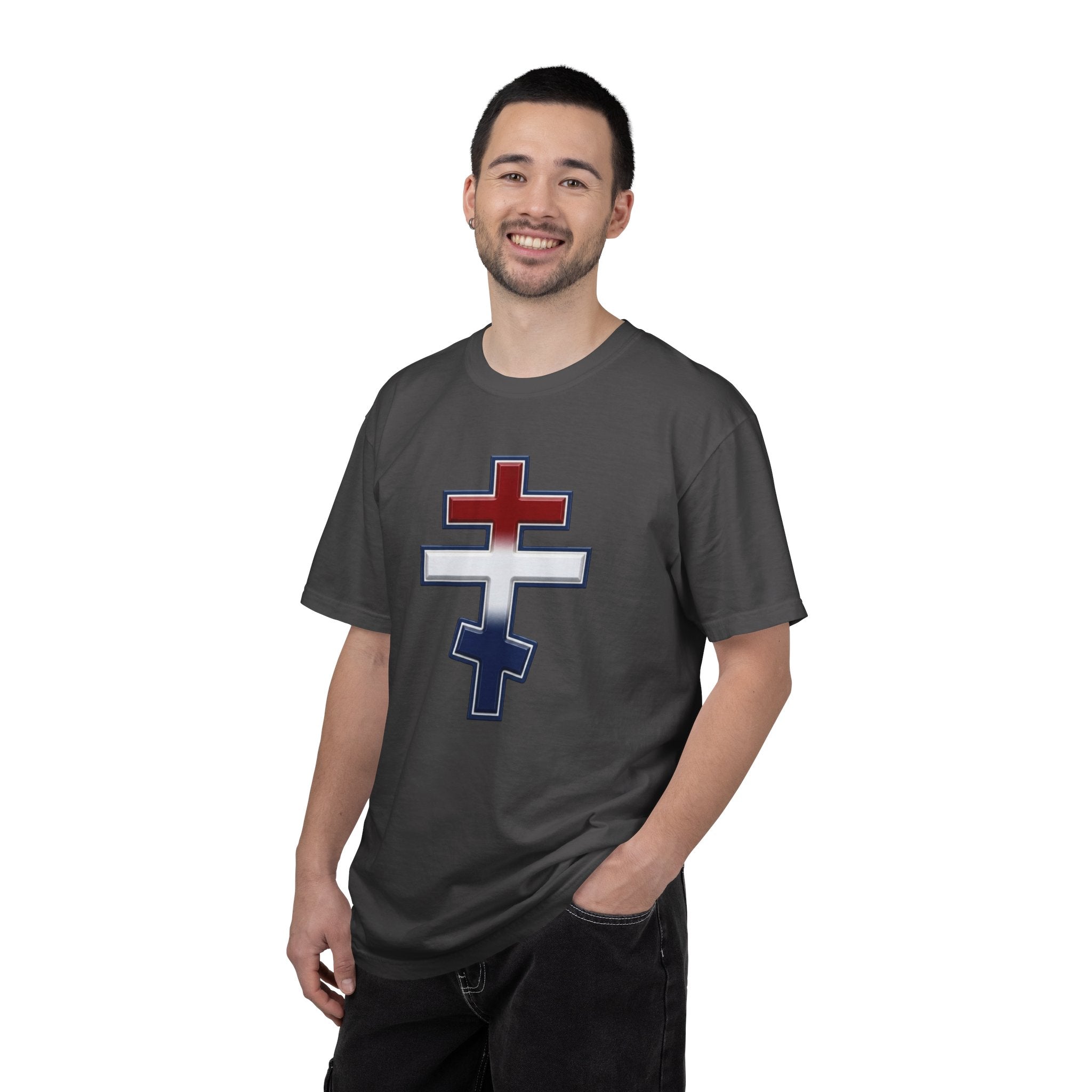 United States Orthodox Cross design on a heavyweight garment-dyed t-shirt
