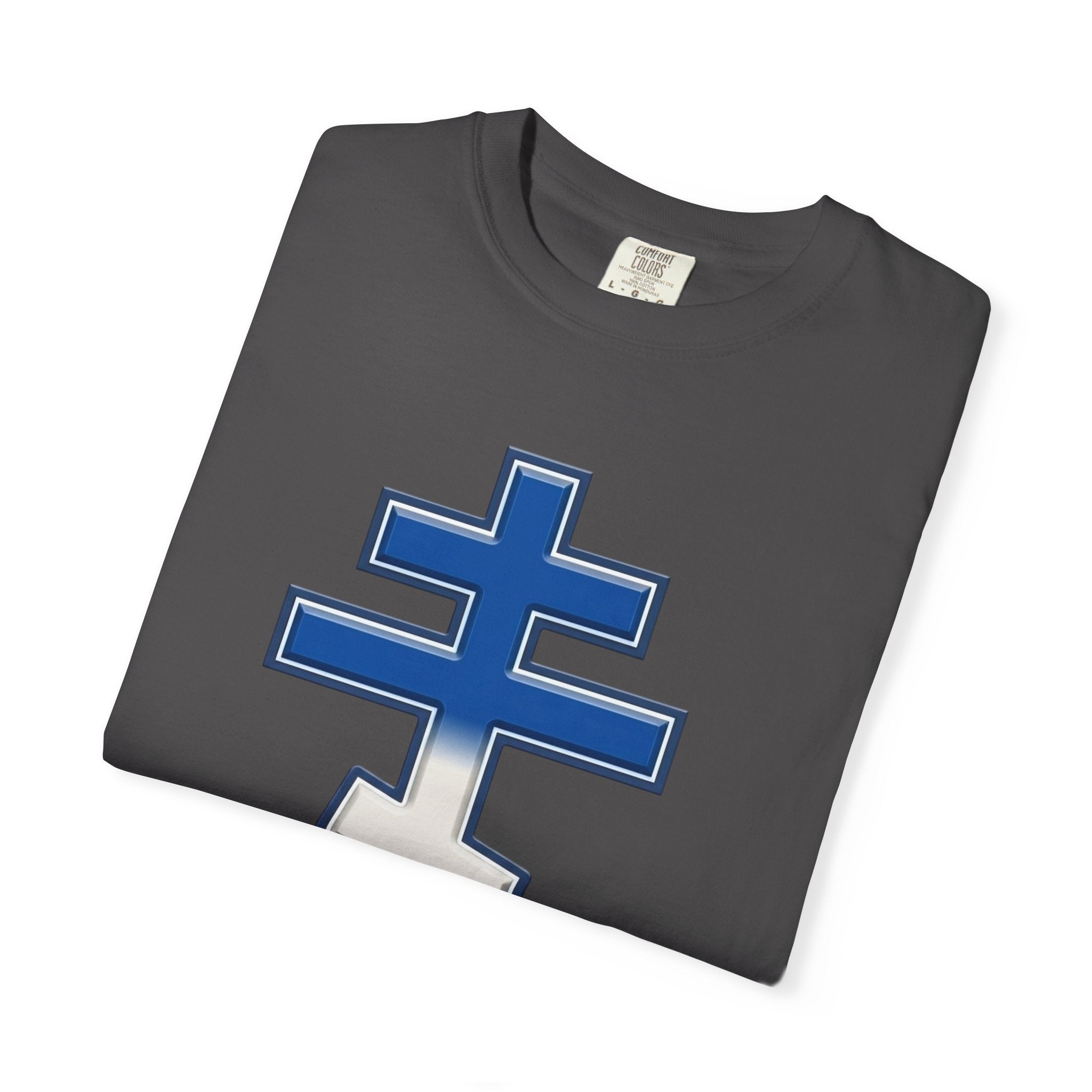 Greek Orthodox Cross design on a heavyweight garment-dyed t-shirt