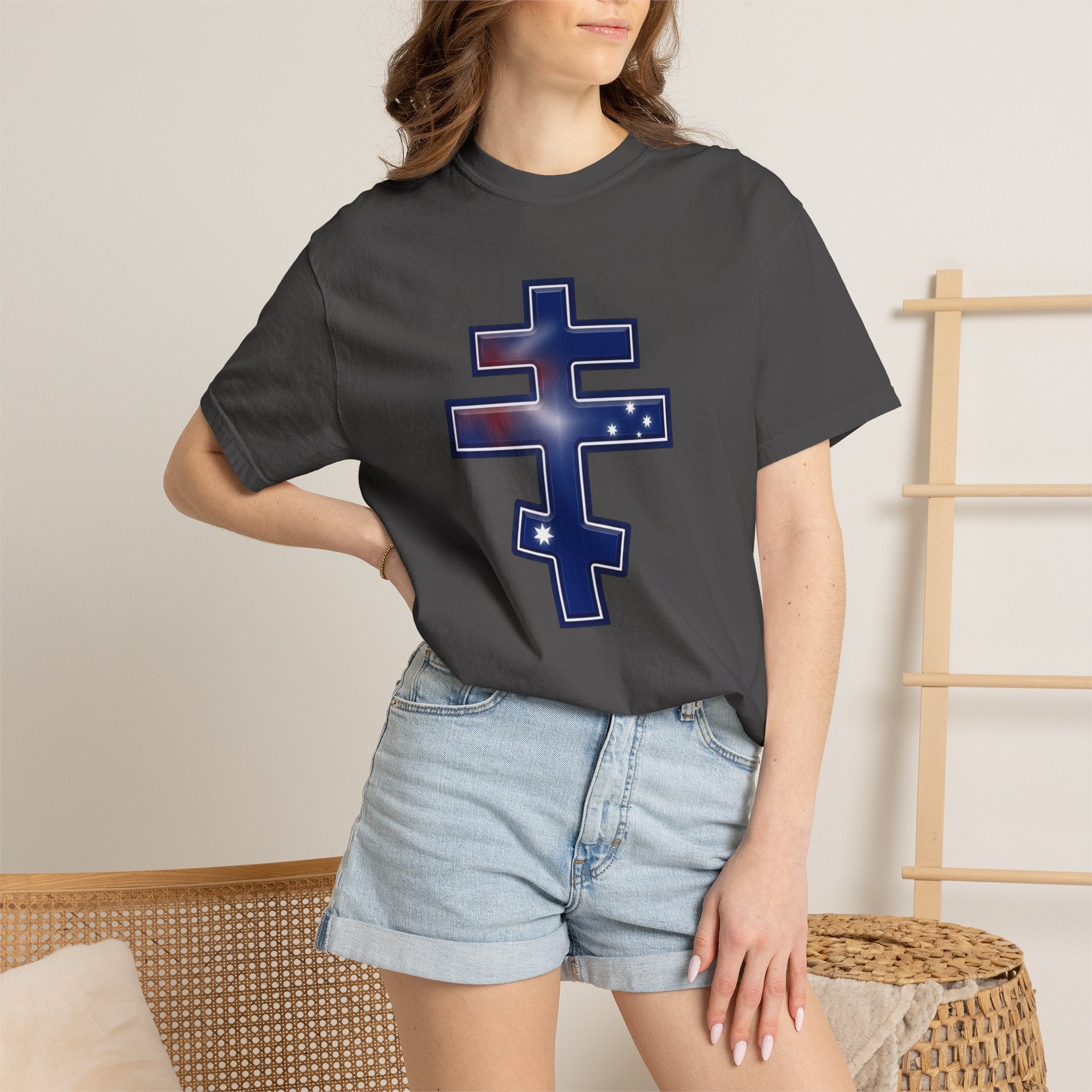 Australian Orthodox Cross design on a heavyweight garment-dyed t-shirt