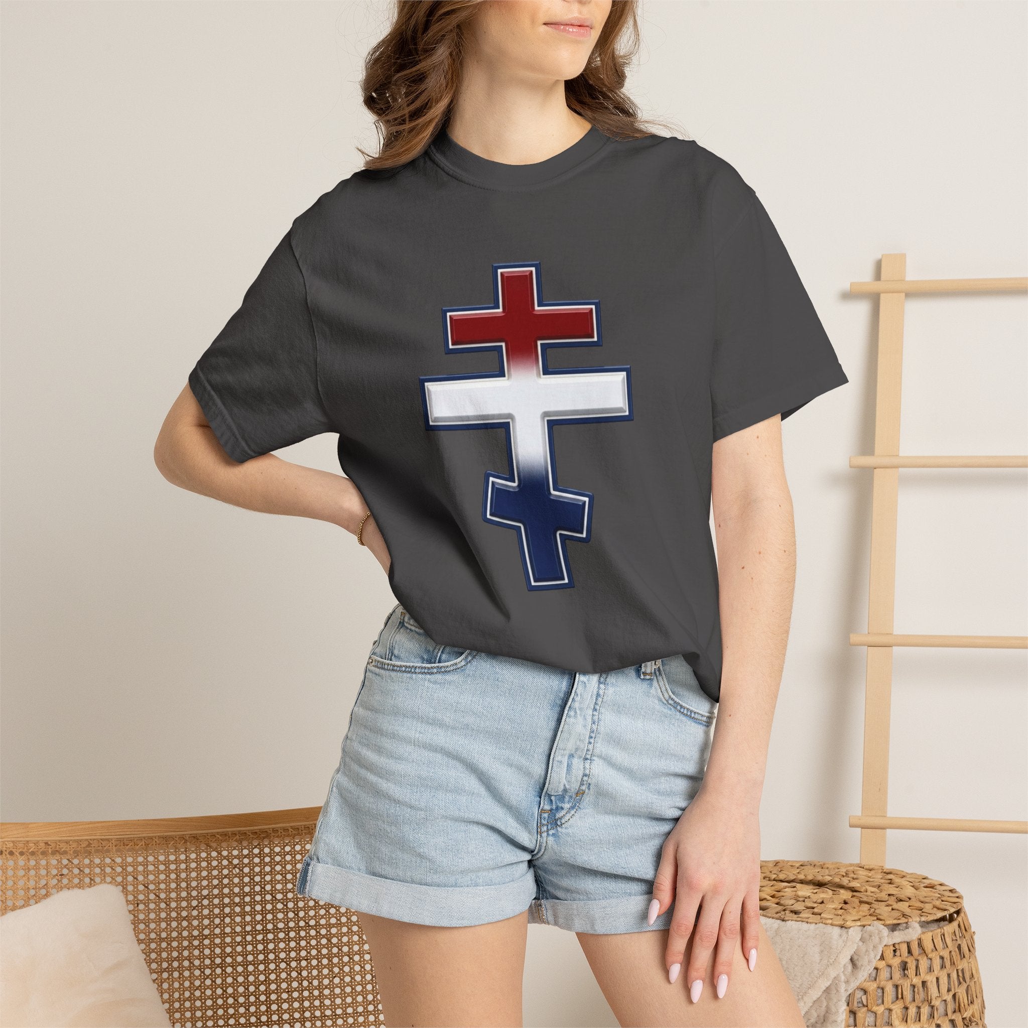 United States Orthodox Cross design on a heavyweight garment-dyed t-shirt