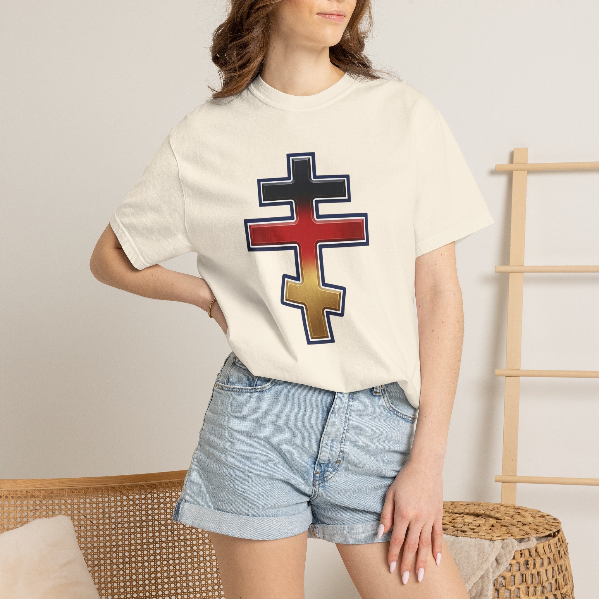 German Orthodox Cross design on a heavyweight garment-dyed t-shirt