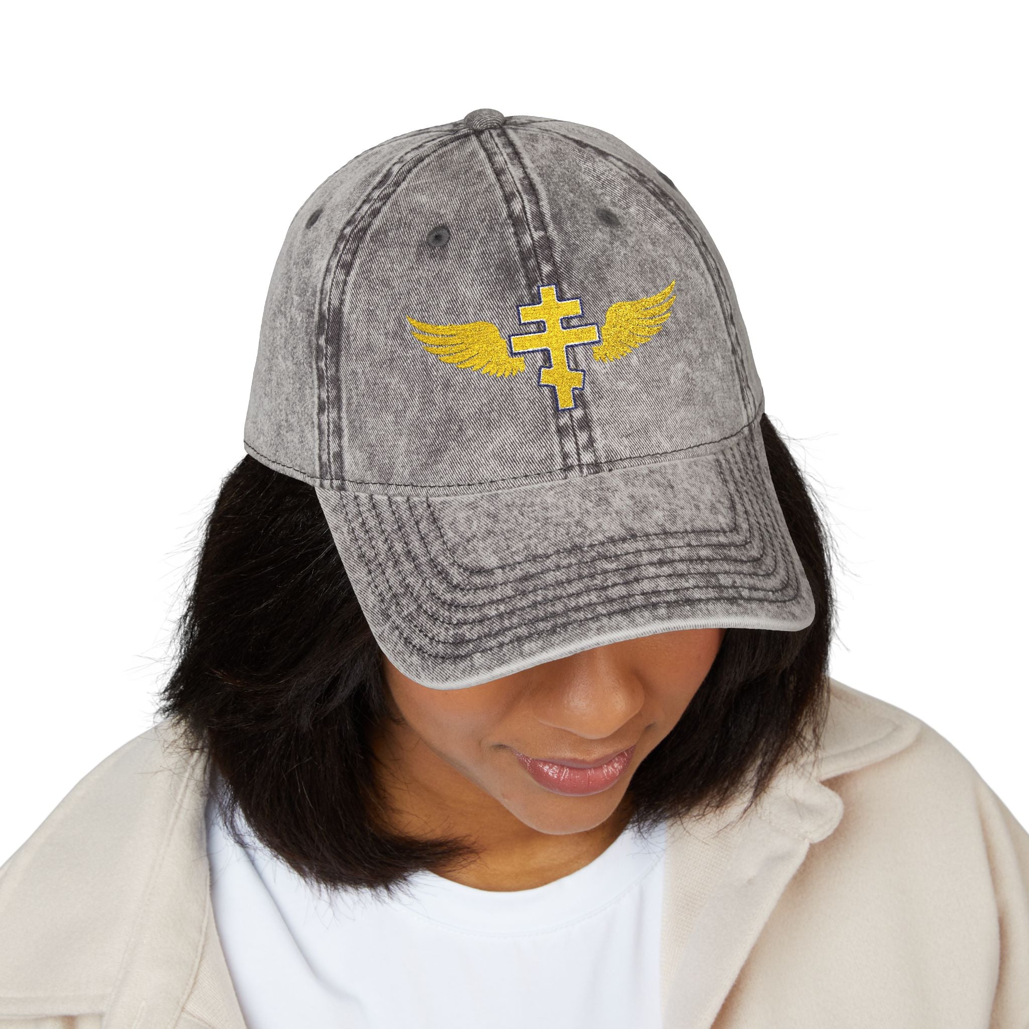 Cypriot Orthodox cross with wings embroidered on vintage cotton twill cap -- additional view 9