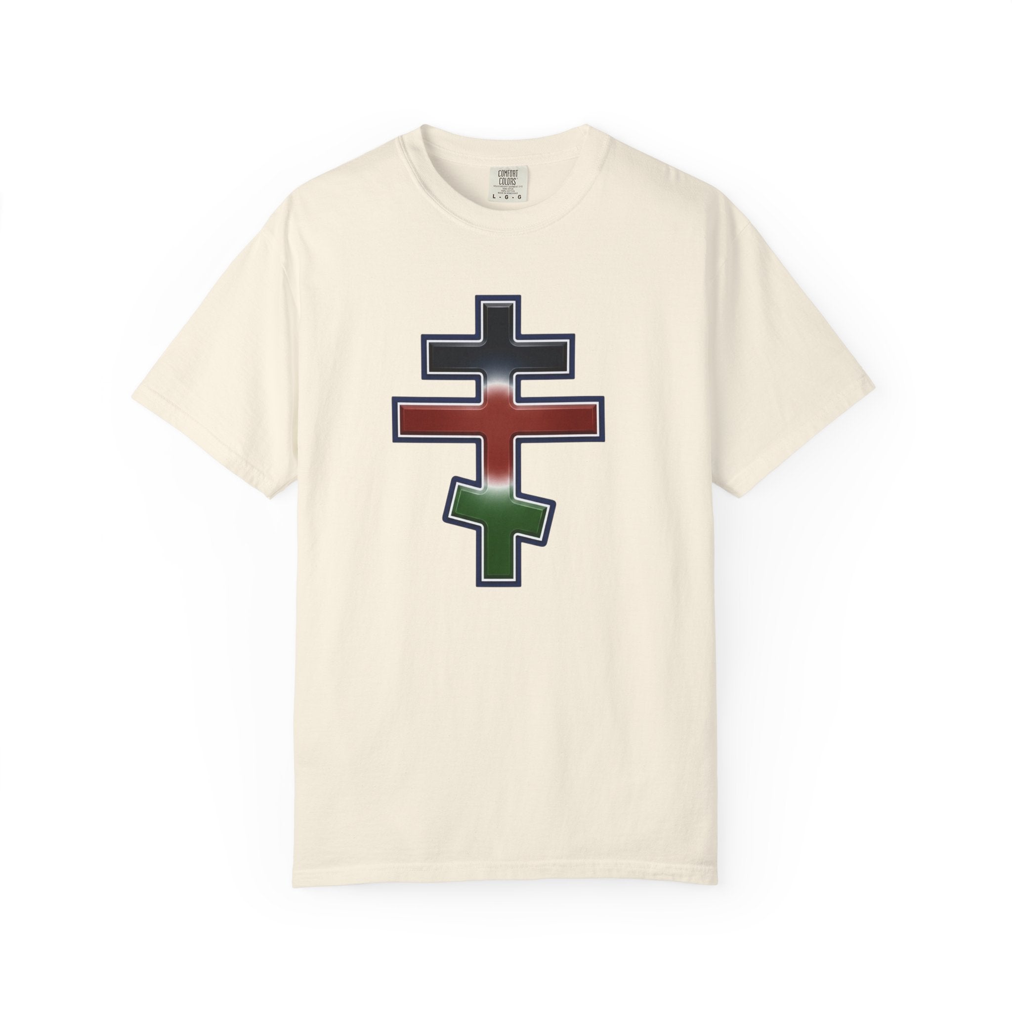 Kenyan Orthodox Cross design on a heavyweight garment-dyed t-shirt