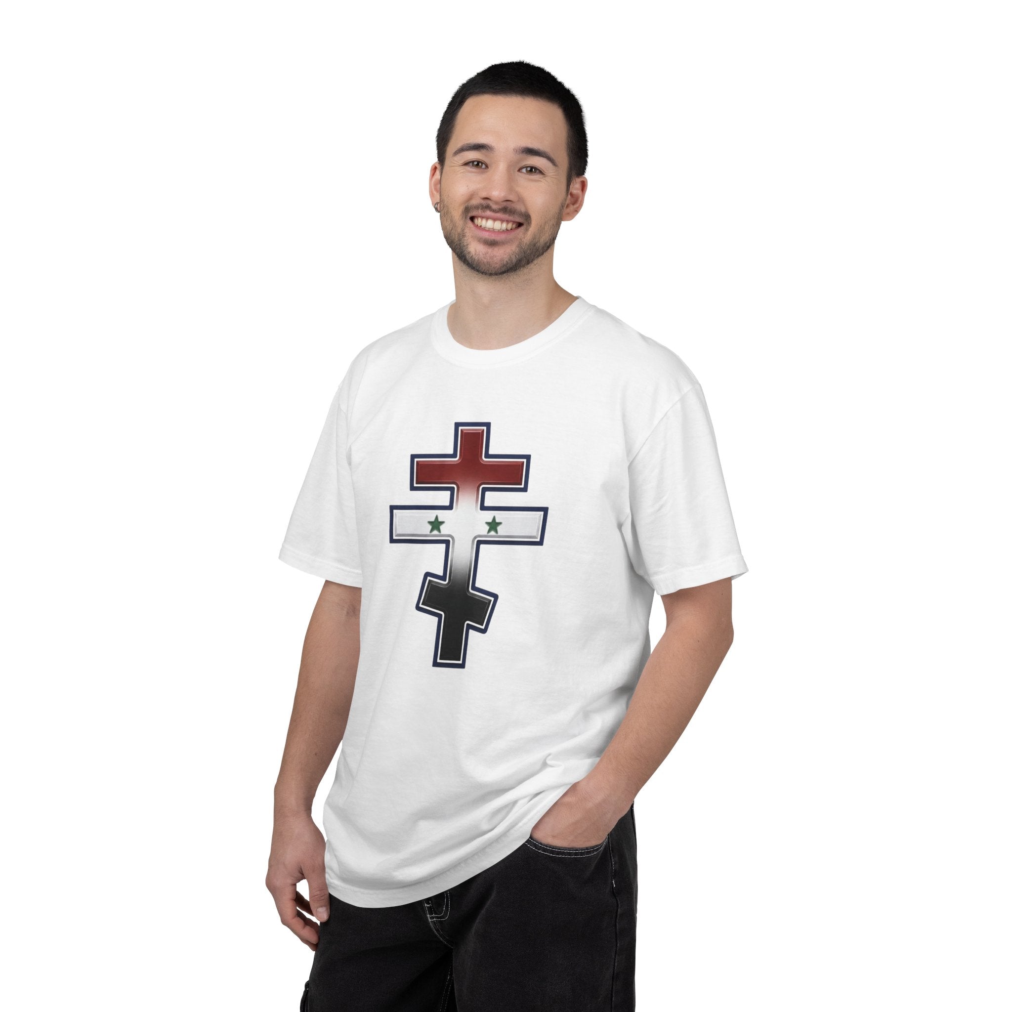 Syrian Orthodox Cross design on a heavyweight garment-dyed t-shirt