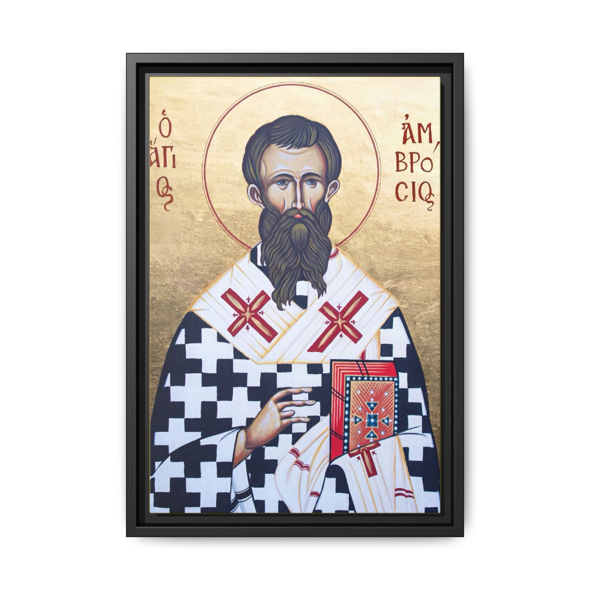Framed canvas icon of Saint Ambrose of Milan, traditional Orthodox Christian artwork