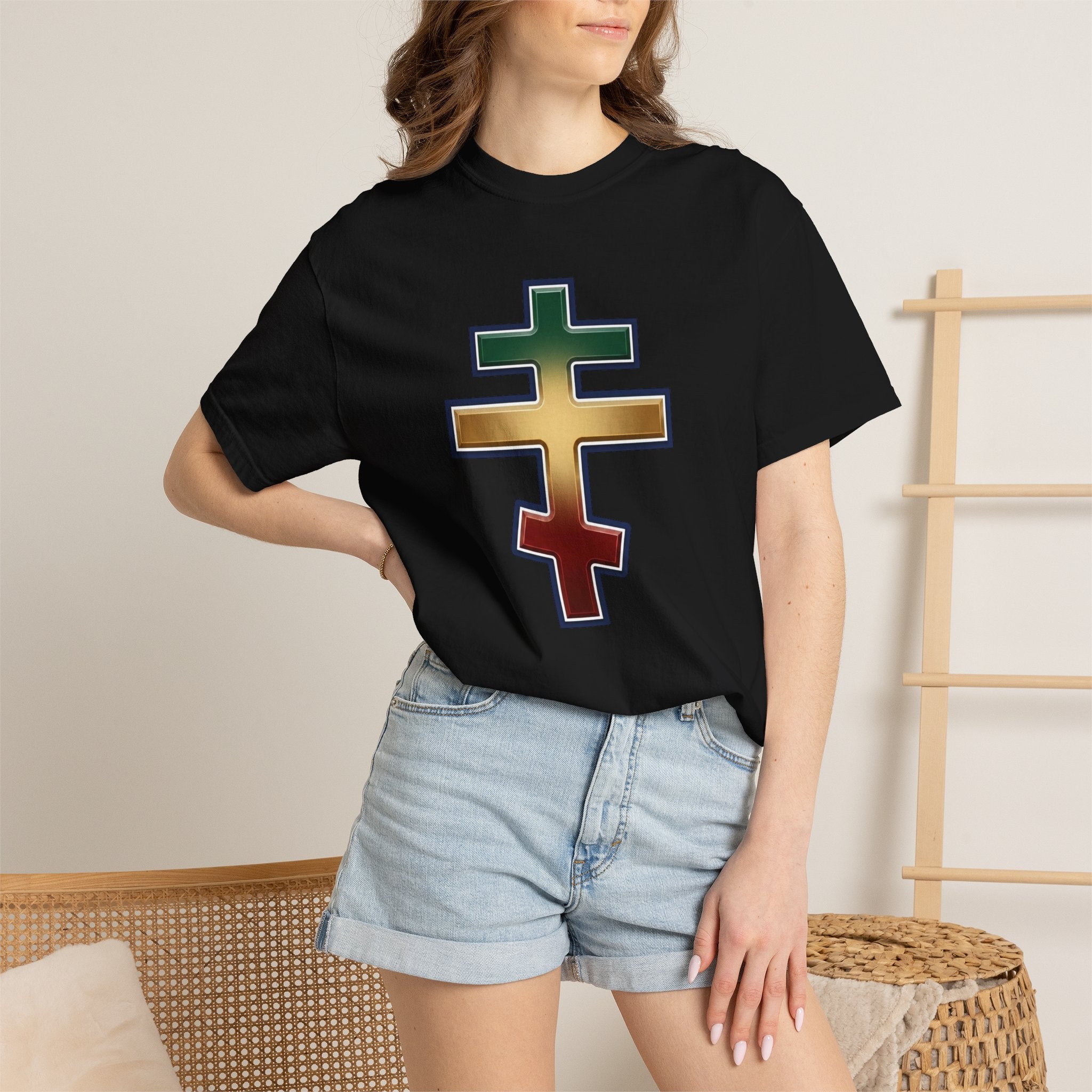 Ethiopian Orthodox Cross design on a heavyweight garment-dyed t-shirt