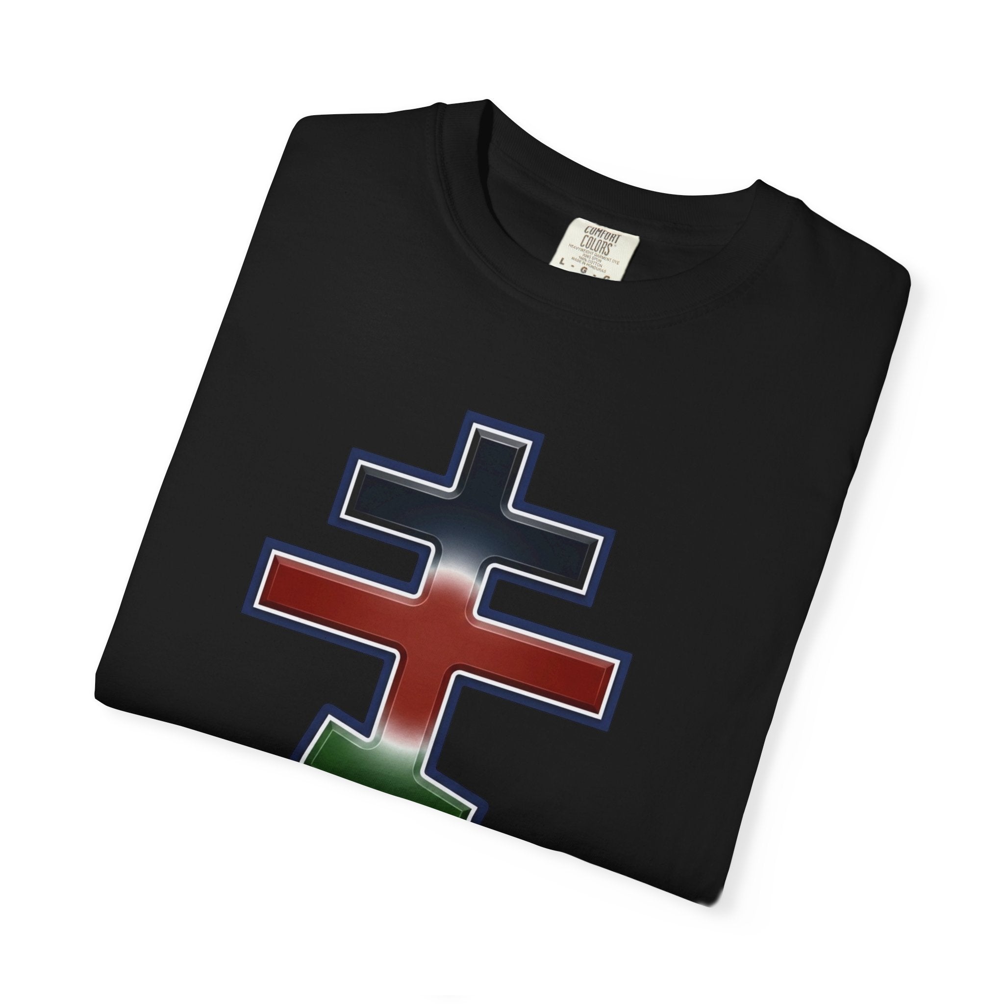 Kenyan Orthodox Cross design on a heavyweight garment-dyed t-shirt