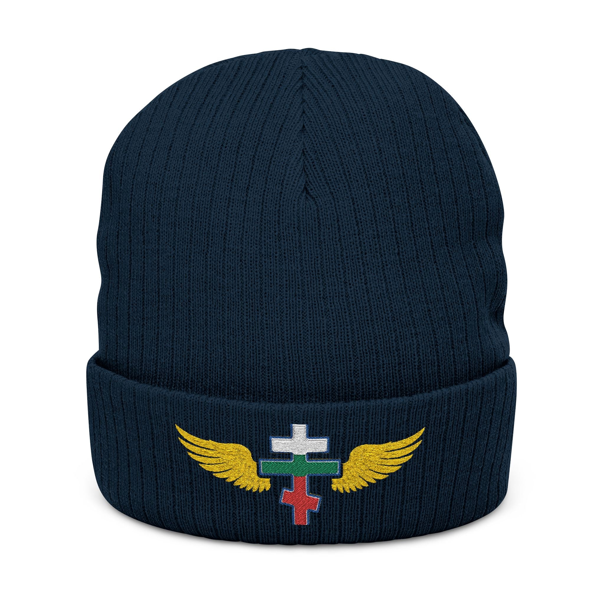Bulgarian Orthodox cross with wings embroidered on ribbed knit beanie -- additional view 3