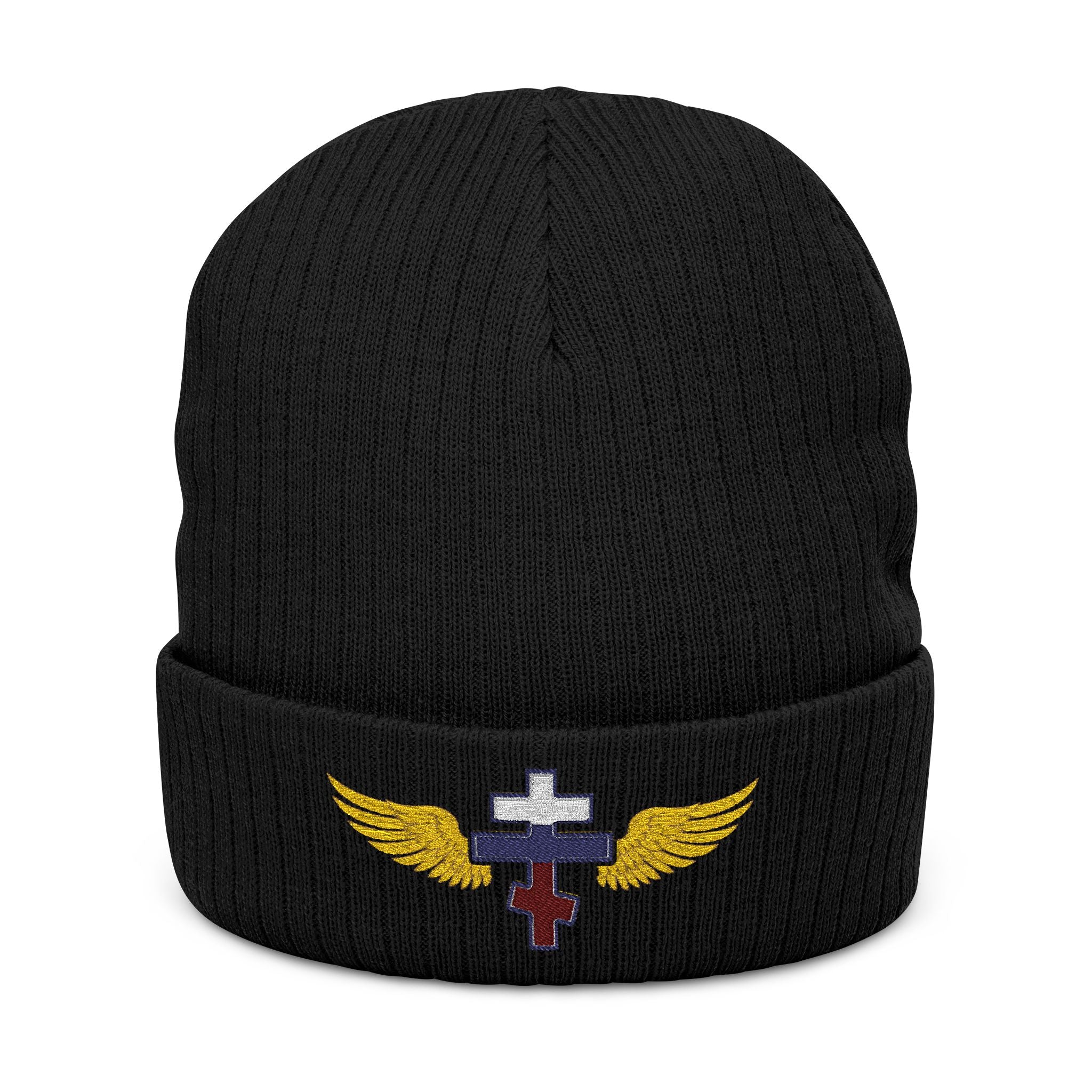 Russian Orthodox cross with wings embroidered on ribbed knit beanie