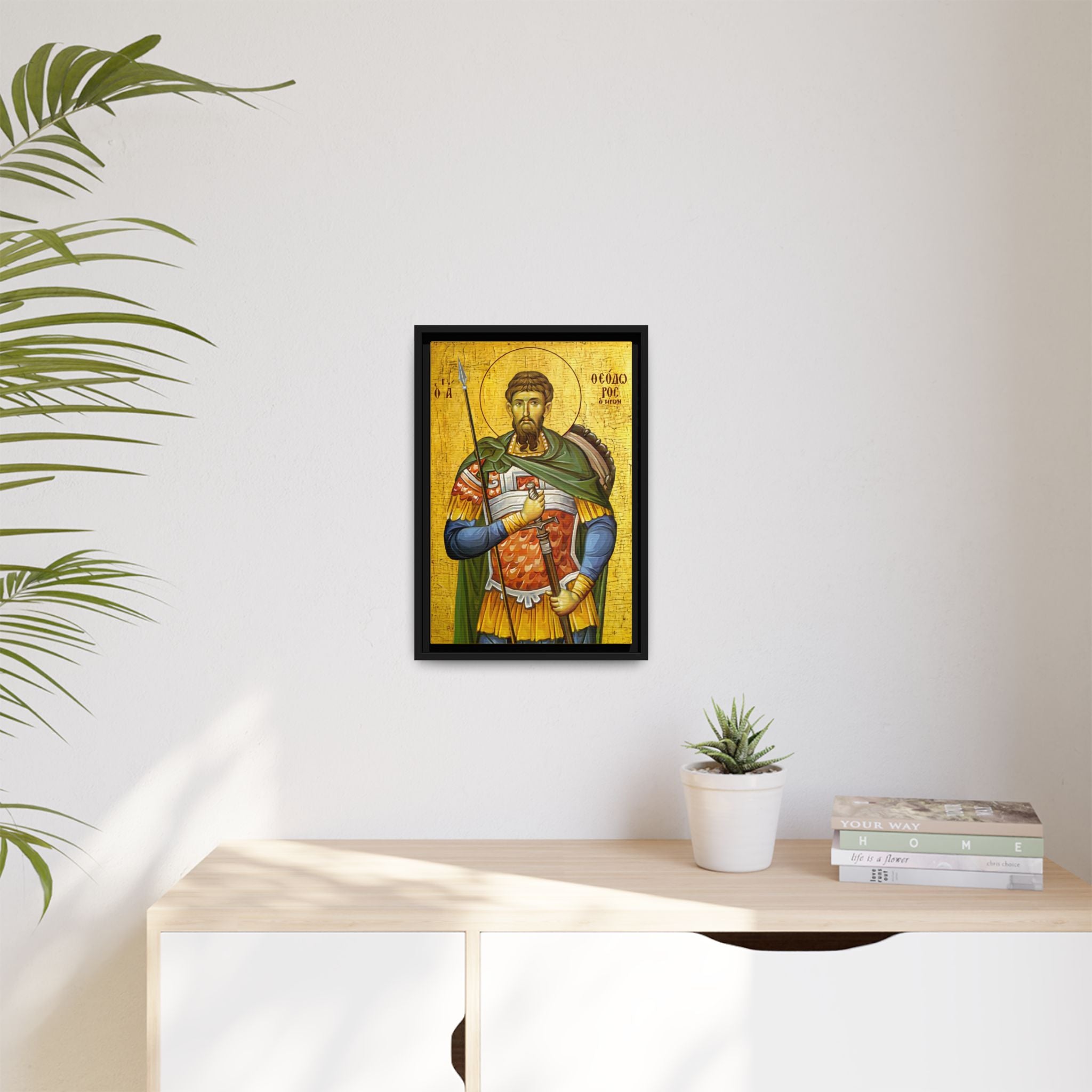 Framed canvas icon of Saint Theodore Tiron, traditional Orthodox Christian artwork