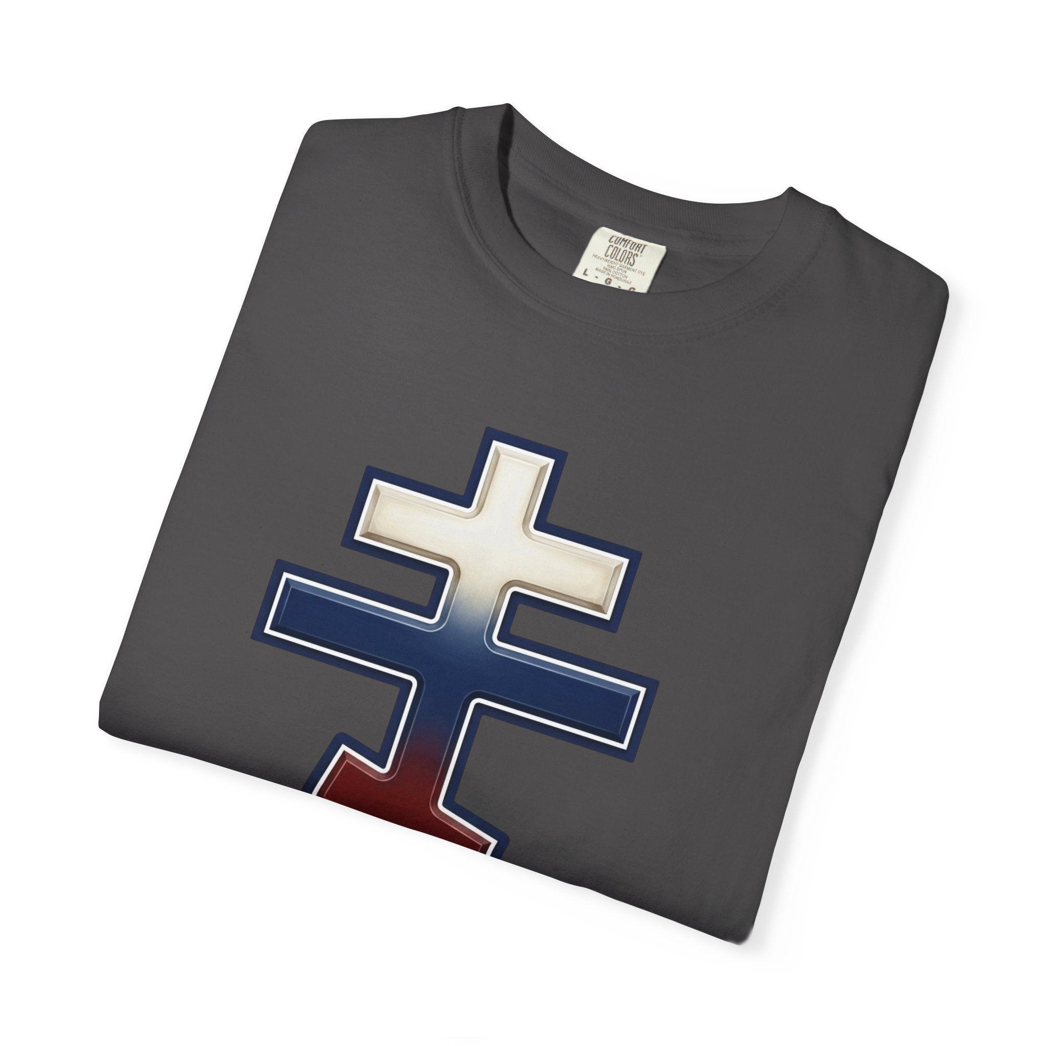 Russian Orthodox Cross design on a heavyweight garment-dyed t-shirt