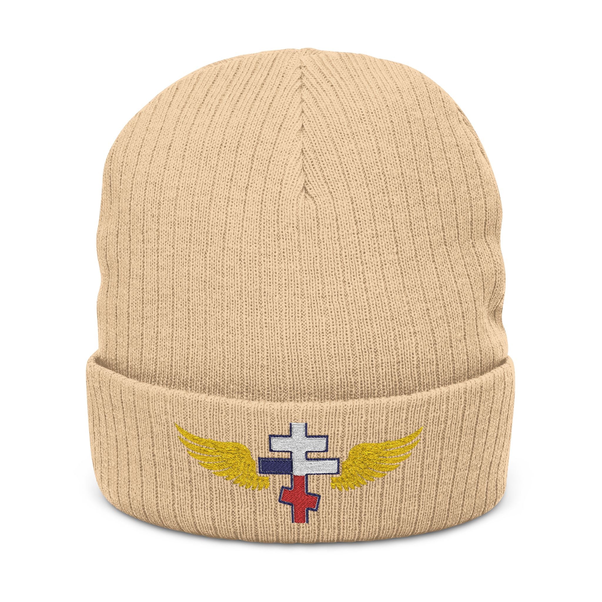 Czech Orthodox cross with wings embroidered on ribbed knit beanie -- additional view 2
